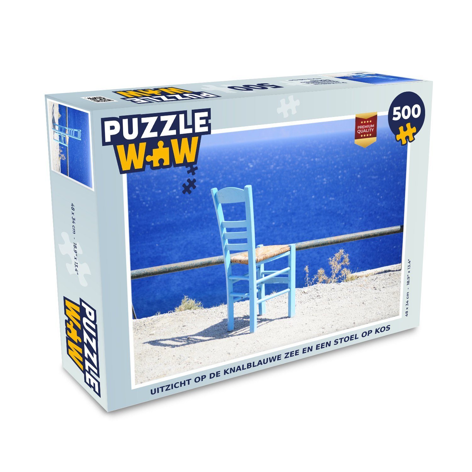 auf strahlend das Puzzlespiele, Blick Puzzleteile, Kos, Puzzle MuchoWow Foto-Puzzle, Bilderrätsel, Meer einen Stuhl und Spielzeug auf 500 blaue