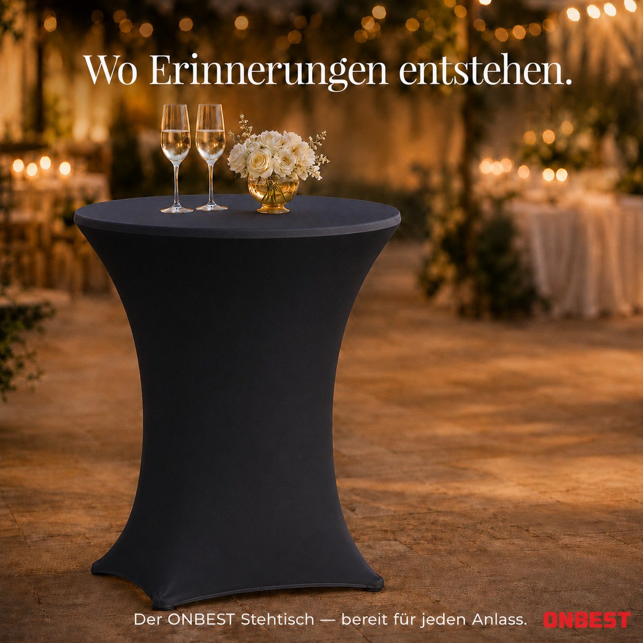 Onbest Stehtisch mit Tischhusse Ø 80 cm klappbar, 2,5 cm Holzplatte, 60 kg Tragkraft, Hitzebständig, Schwarz