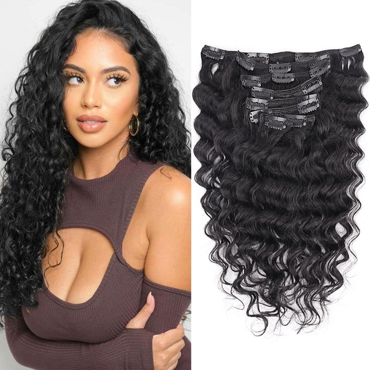 LuxusKollektion Echthaar-Extension Extensions Clip in Echthaar Curly 22 INCH Natürliches Schwarz Deep