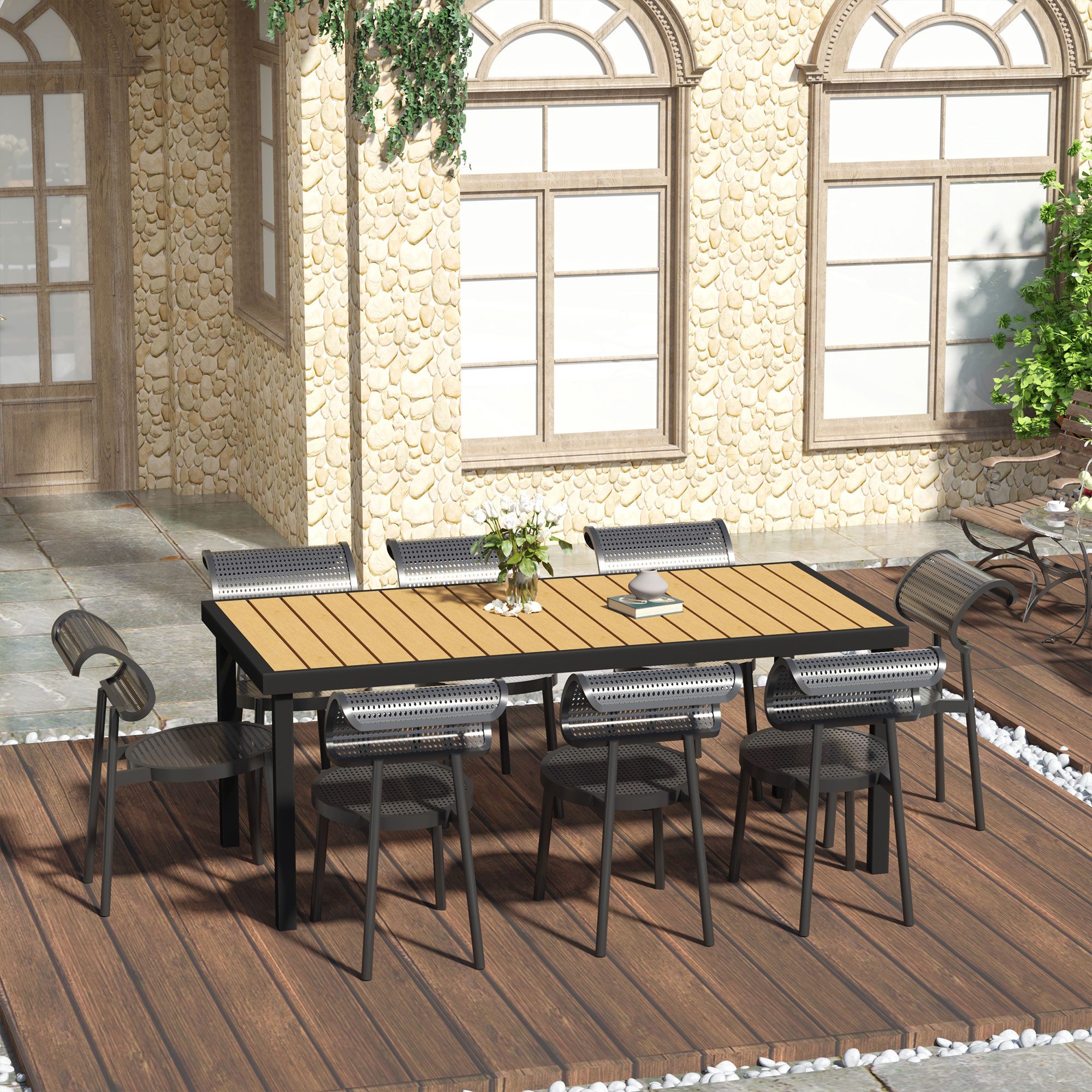 Outsunny Gartentisch Aluminium Buffettisch mit Holz-Optik, Campingtisch (Aluminiumtisch, 1-St., Esstisch), Natur+Schwarz 190 x 90 x 74 cm
