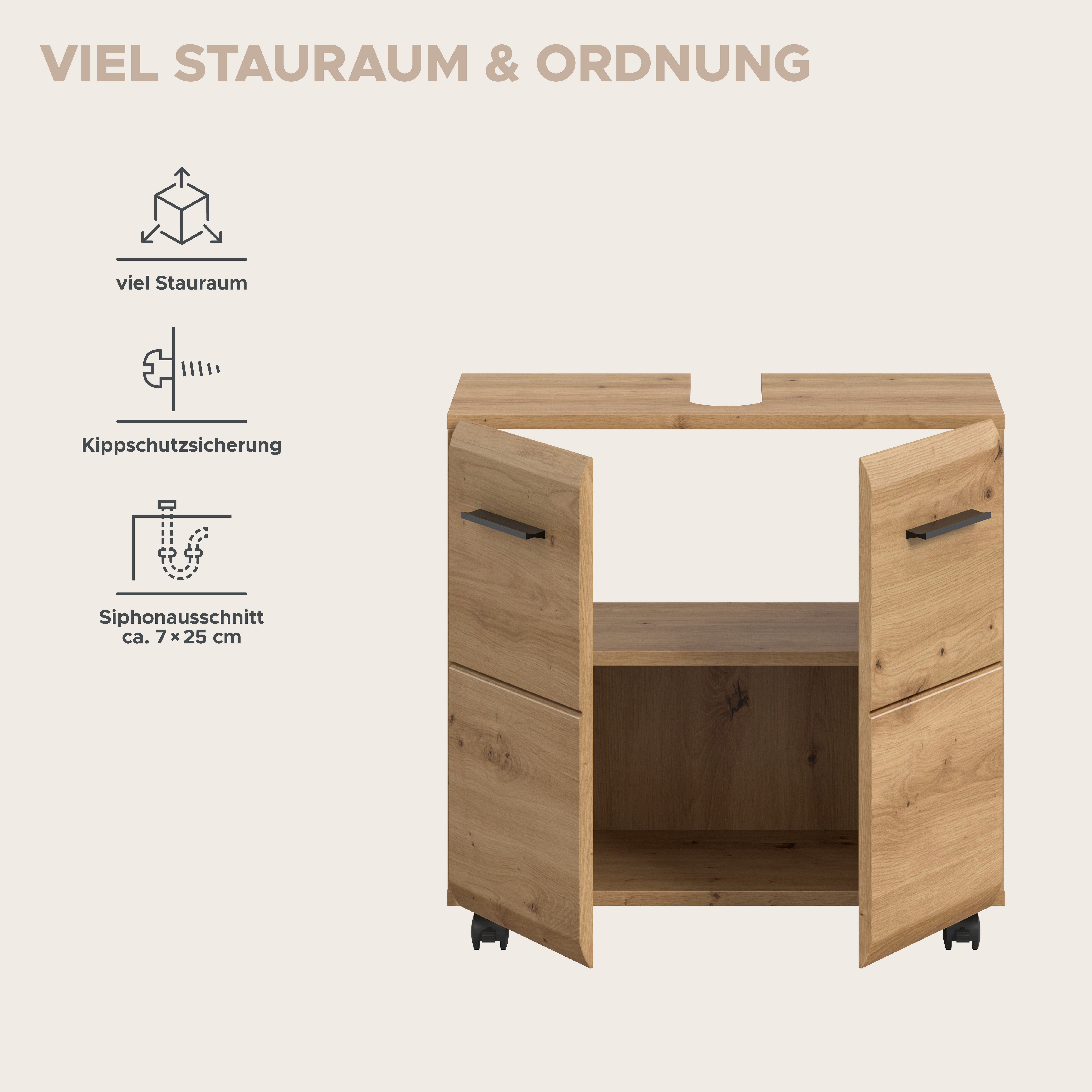 welltime Waschbeckenunterschrank FLORENZ, Breite 60cm, inkl. Siphonausschnitt, mit Türen oder Schüben (TOPSELLER) hochwertige MDF Front, Griff schwarz, Badschra – Bild 4 von 5