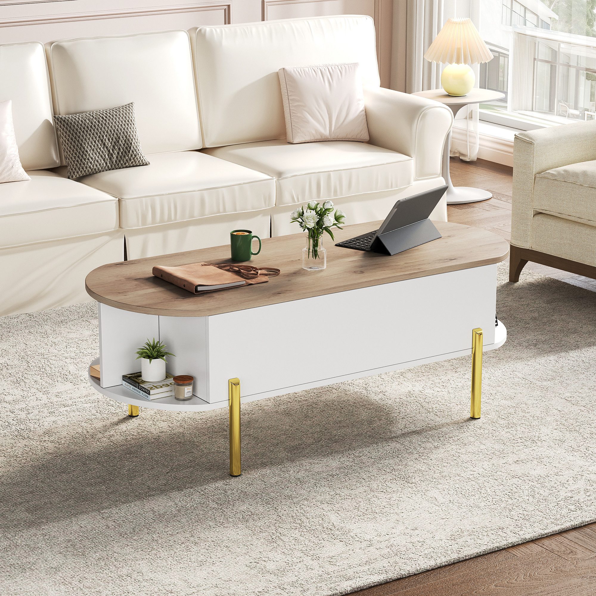 Merax Couchtisch höhenverstellbar Besitelltisch mit goldfarbenen Metallbeinen,Holzoptik (1-St., 120×50×43cm), Wohnzimmertisch mit Lift-Top, 7 Ablageflächen & ve – Bild 3 von 5