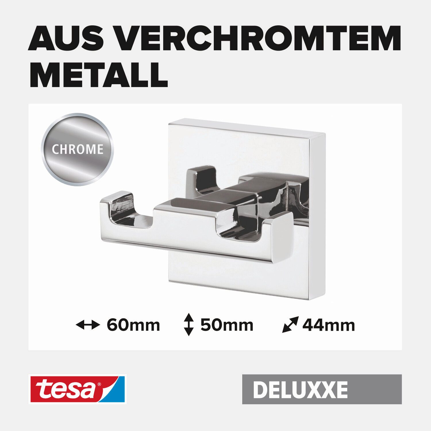 tesa Handtuchhaken DELUXXE Bademantelhaken Chrom, Badezimmer, Gäste-WC, Wandmontage, (Packung, 1-St., inkl. Klebelösung), Handtuchhalterung selbstklebend & ohne Bohren - silber glänzend