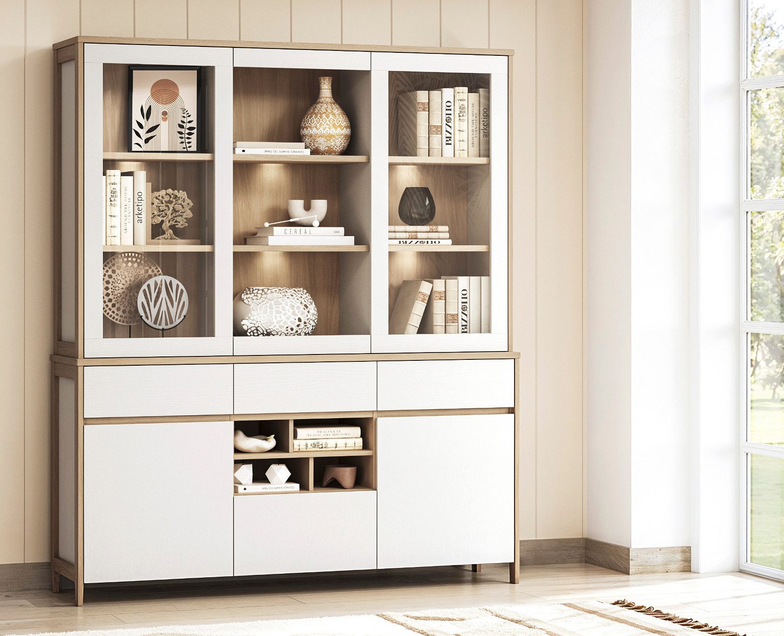 Furn.Design Buffet Finnes (Buffetschrank in Eiche Weiß und Eiche Natur, 164 x 195 cm) 18 Fächer, Soft-Close-Funktion