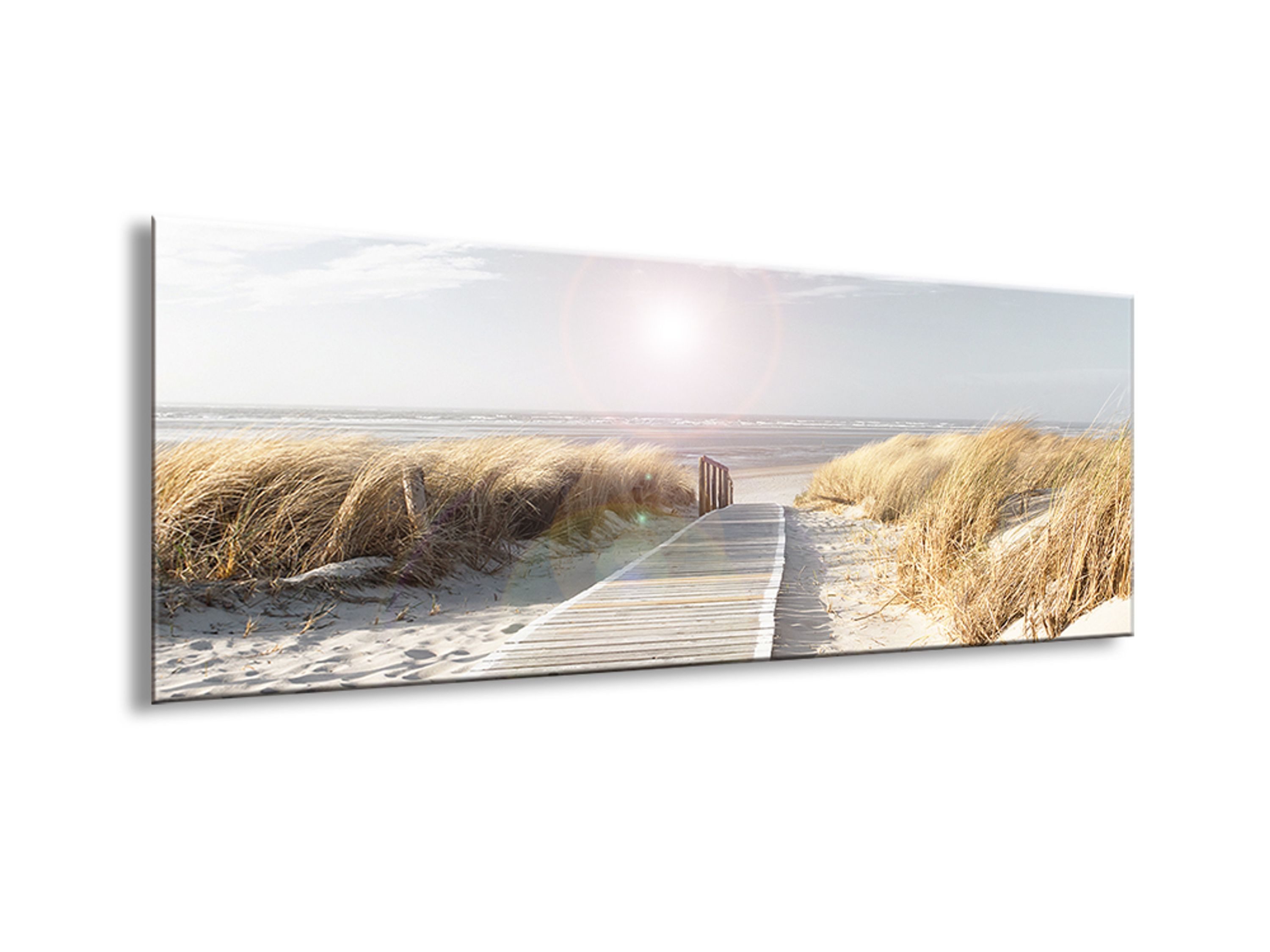 artissimo Glasbild Bild aus Glas 80x30 cm / Wandbild Querformat / Wanddeko modern, Strand und Meer: Weg durch Dünen zum Meer in Naturbeige
