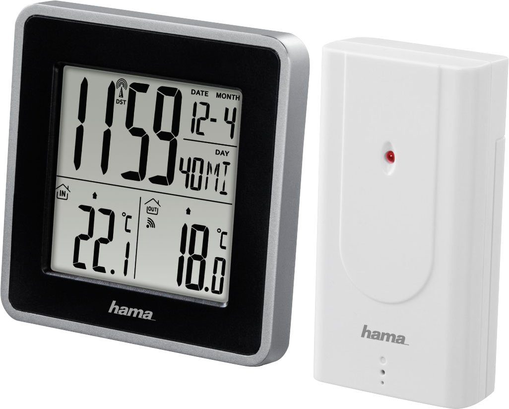 Hama Wetterstation (Außensensor, Funk, Innen-/Außentemperatur, Funkuhr,  Wecker, Kalender), Anzeige von Innen- und Außentemperatur (°C/°F),  Trendanzeige