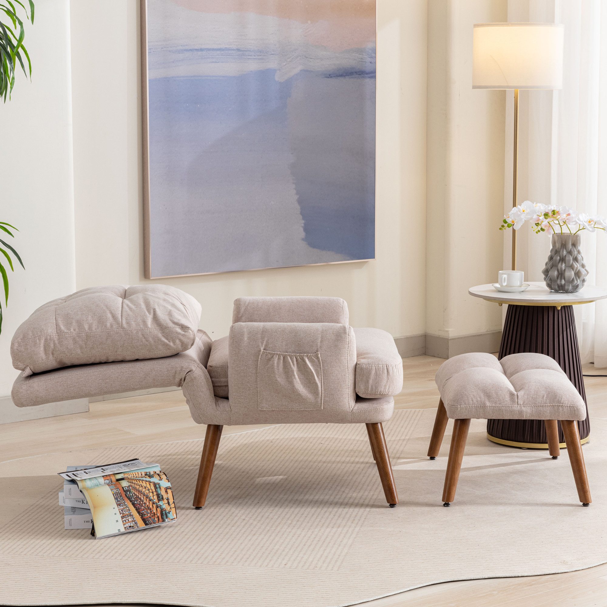 i@home Loungesessel mit Fußstütze und seitlicher Ablage, (Packung set, bestehend aus Sessel und Hocker), Rückenlehne 5-stufig verstellbar, beige