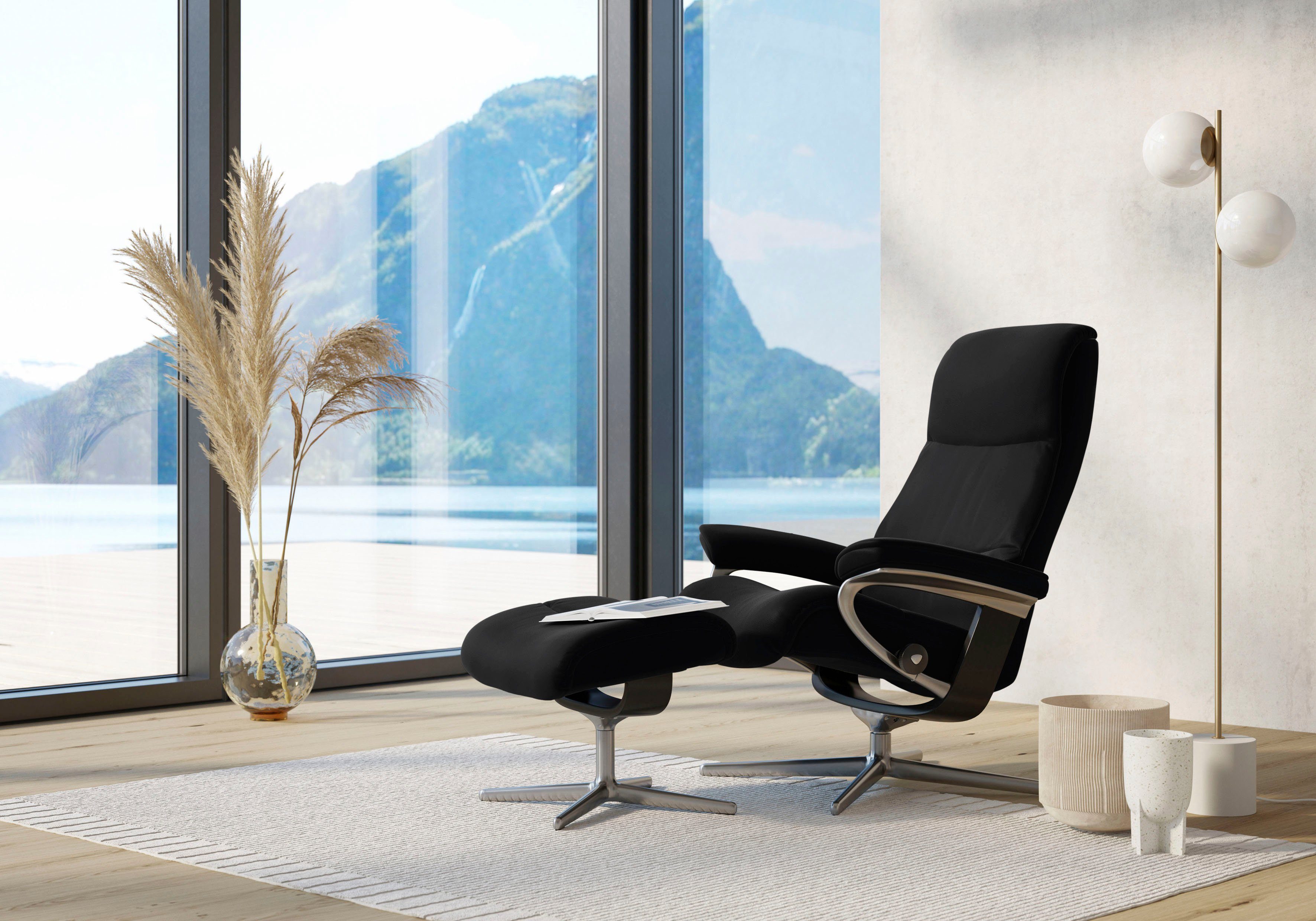 Stressless® Relaxsessel View (Set, Relaxsessel mit Hocker), mit Hocker, mit Cross Base, Размер S, M & L, Holzakzent Schwarz