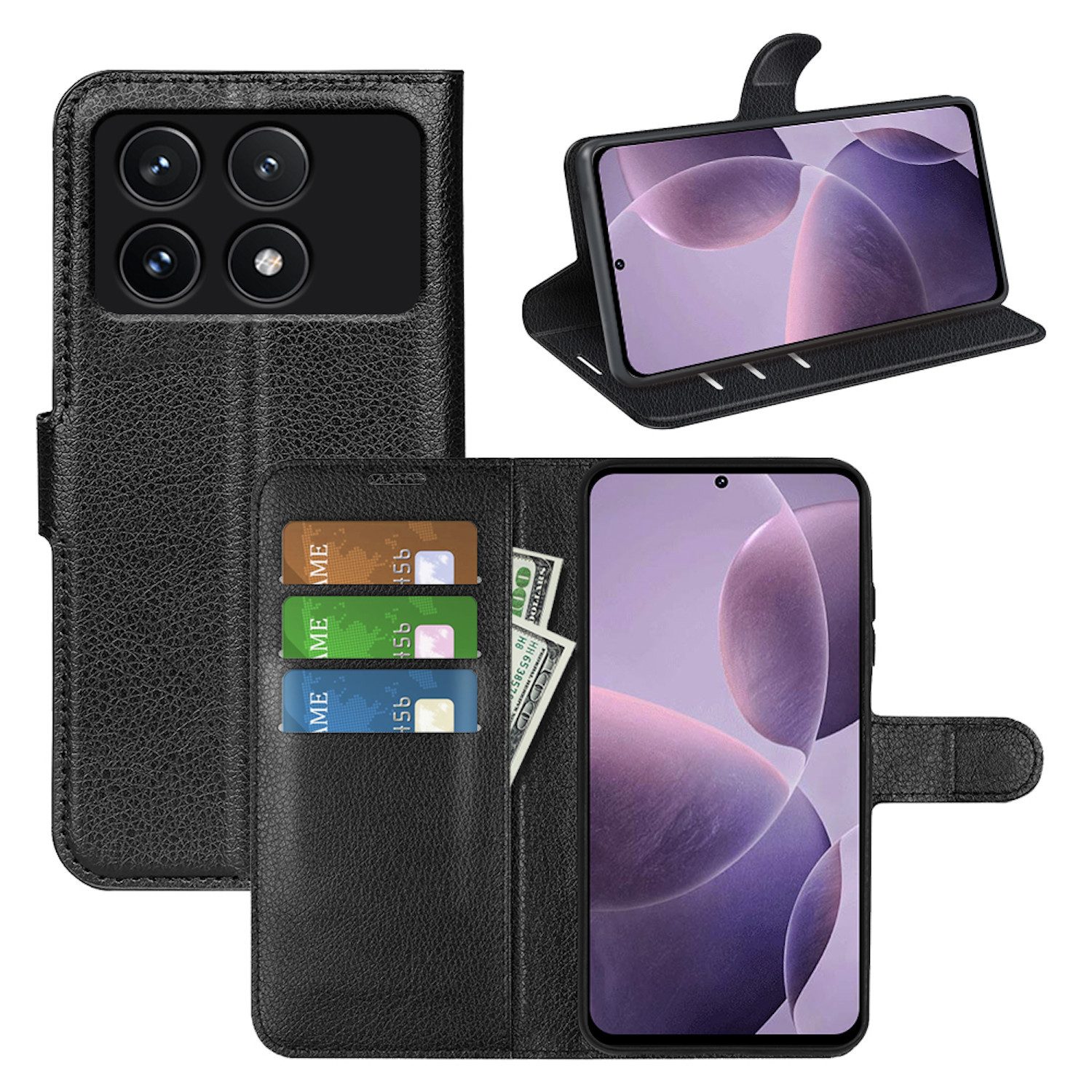 Wigento Smartphone-Hülle Für Xiaomi 14T Pro Kunstleder Book Wallet Tasche Etuis Hülle Schwarz, Kunstleder Book Wallet Hülle mit Magnetverschluss