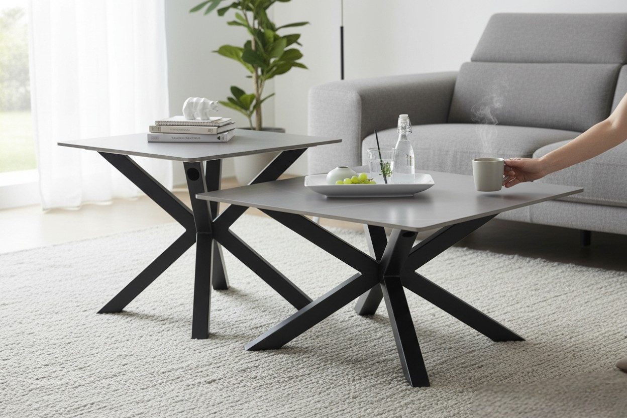 möbelando Couchtisch Janin (2er-Set), (2er-Set) Steinoptik-grau / schwarz- 80x45x80 / 55x55x55 (B/H/T)