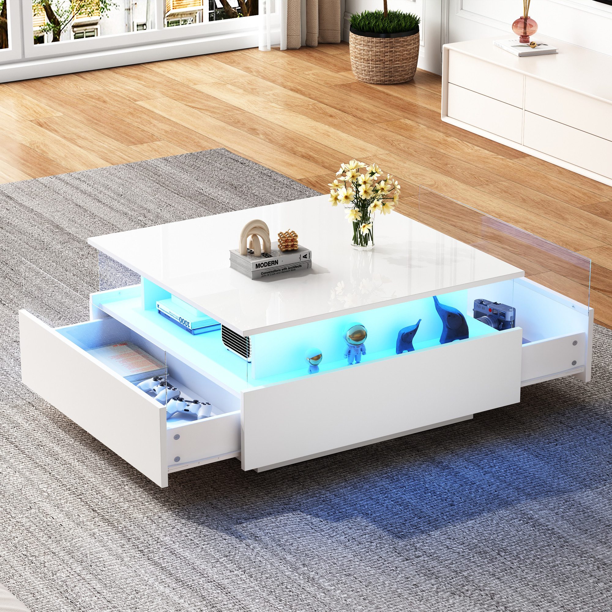 Merax Couchtisch Couchtisch hochglanz Wohnzimmertisch mit LED-Beleuchtung (Beistelltisch, Sofatisch, Kaffeetisch, L70/B70/H41 cm), Sofatisch mit 2 Schublade, großen Stauraum,Glas-Präsentationsbereich