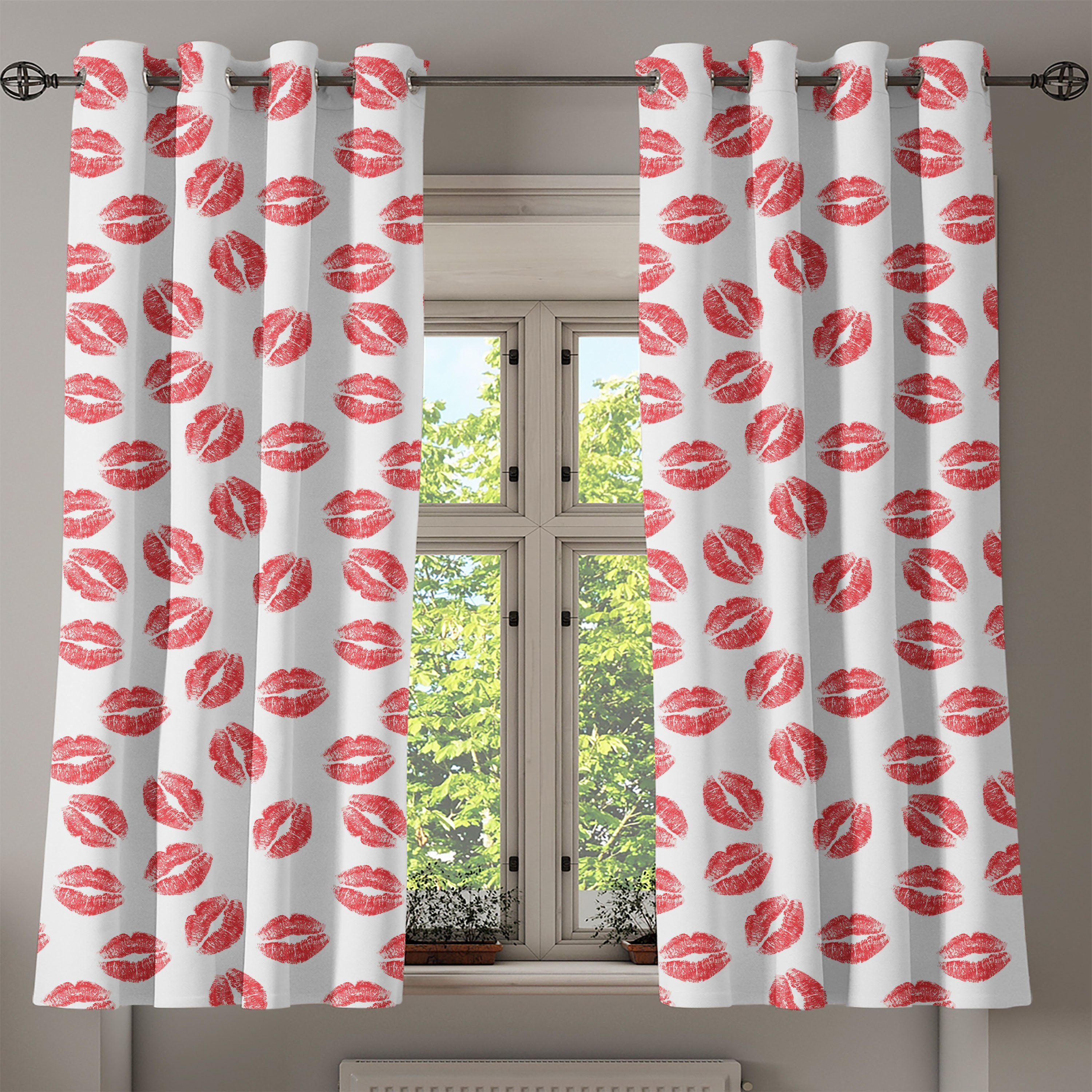Gardine Dekorative 2-Panel-Fenstervorhänge für Feminin Abakuhaus, Red Marks Kuss Lippenstifte Wohnzimmer, Schlafzimmer