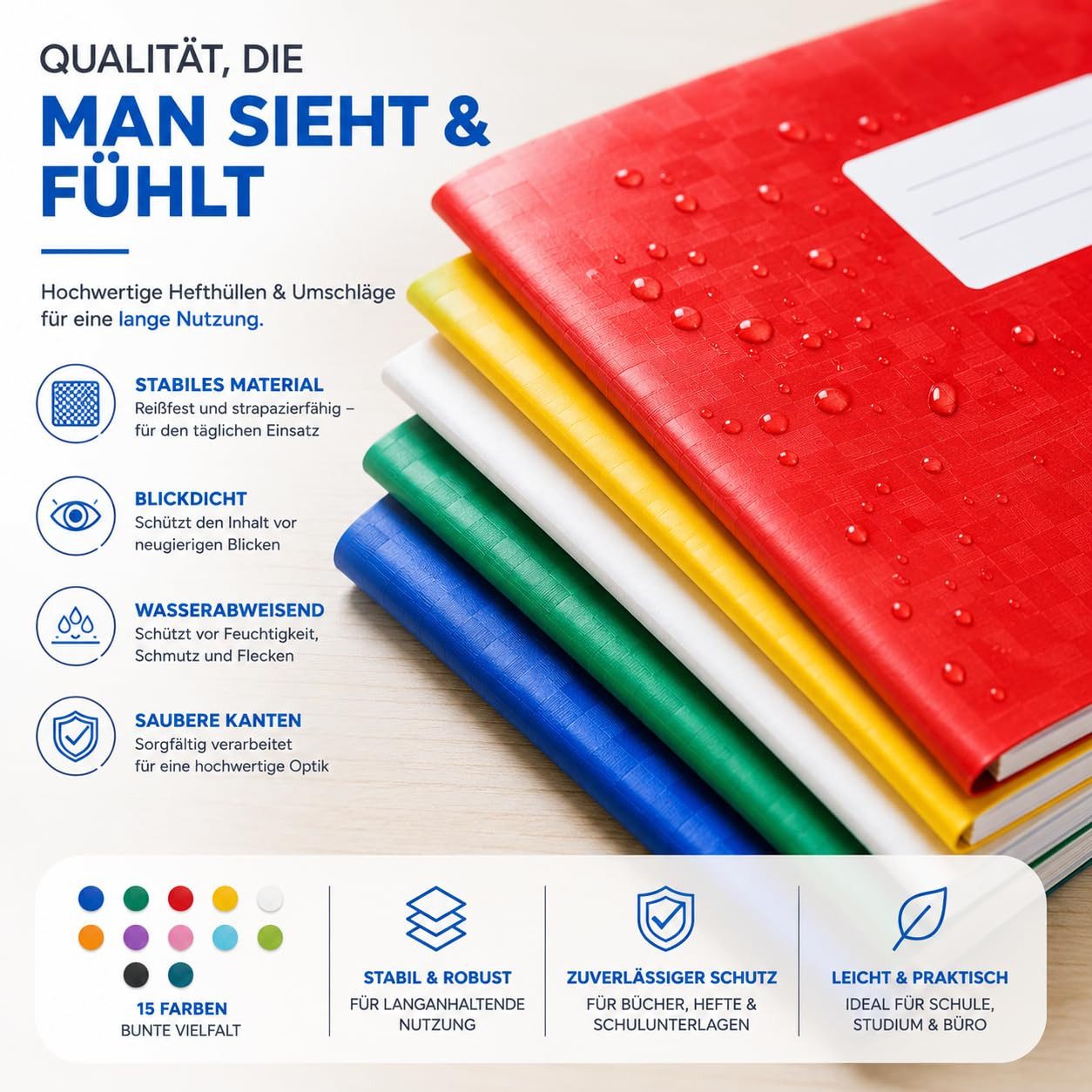 TK Gruppe Schulheft 15x bunte Hefthüllen A4 – Heftumschläge & Heftschoner Blickdicht
