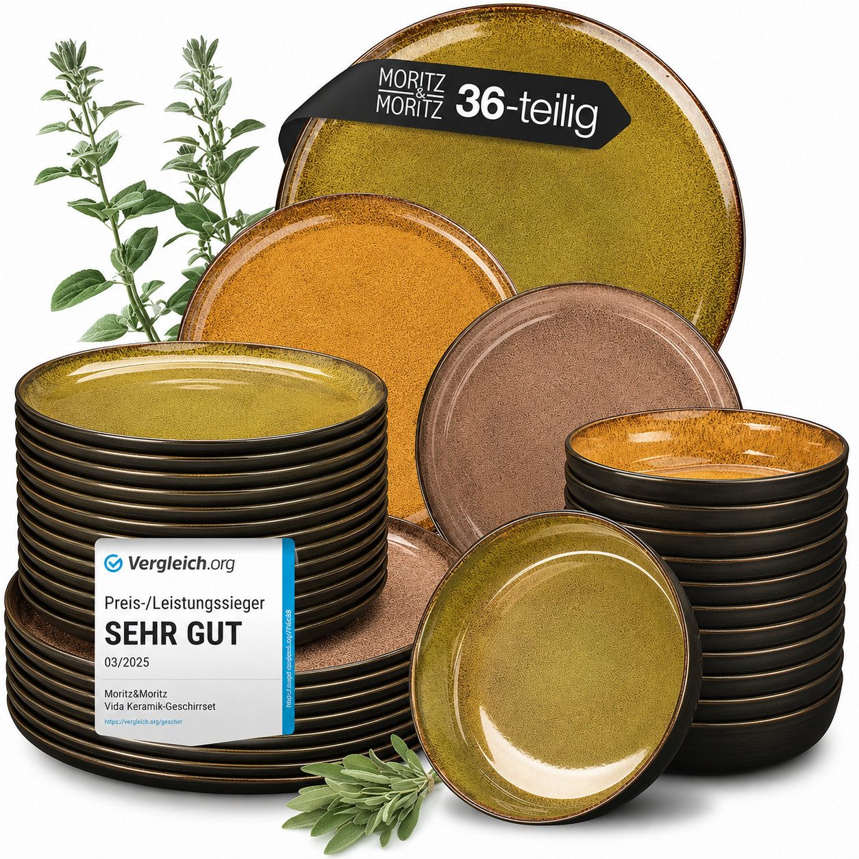Moritz & Moritz Geschirr-Set VIDA für 12 Personen Vintage (36-tlg), 12 Personen, Porzellan, Kombigeschirr für 12 Personen