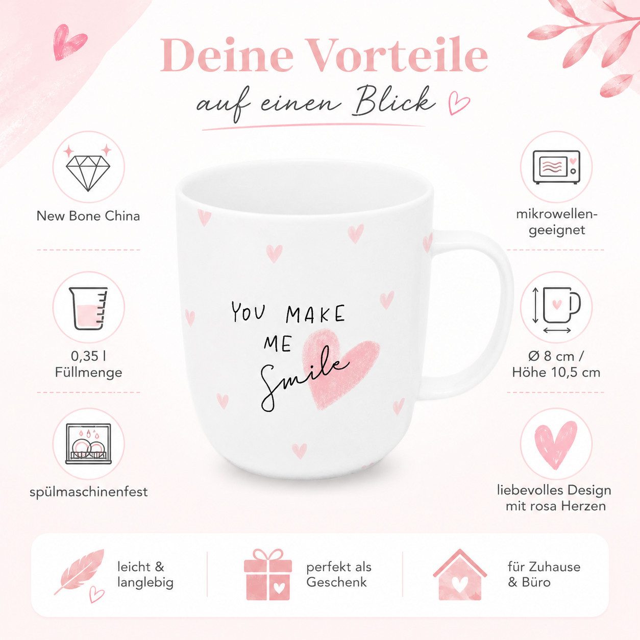 PPD Becher Henkelbecher aus Porzellan 0,35L - You make me Smile, 1-tlg., Porzellan