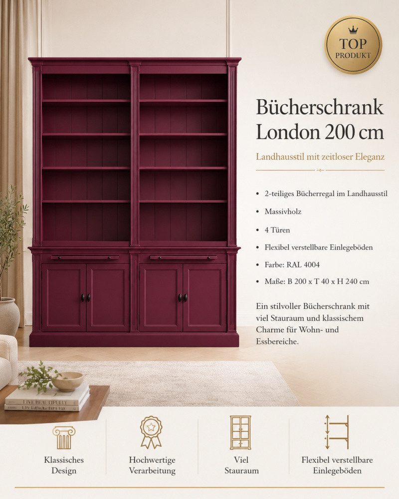 Wohnpalast Bücherregal Bücherschrank London 200cm - 2-teiliges Bücherregal im Landhausstil Bo
