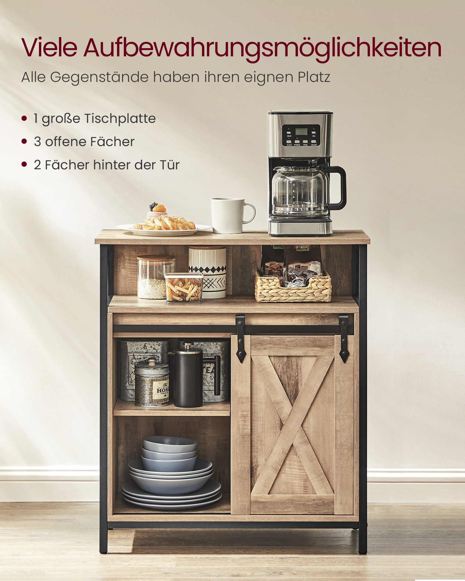VASAGLE Sideboard Aufbewahrungsschrank, 70 x 30 x 80 cm, mit Schiebetür