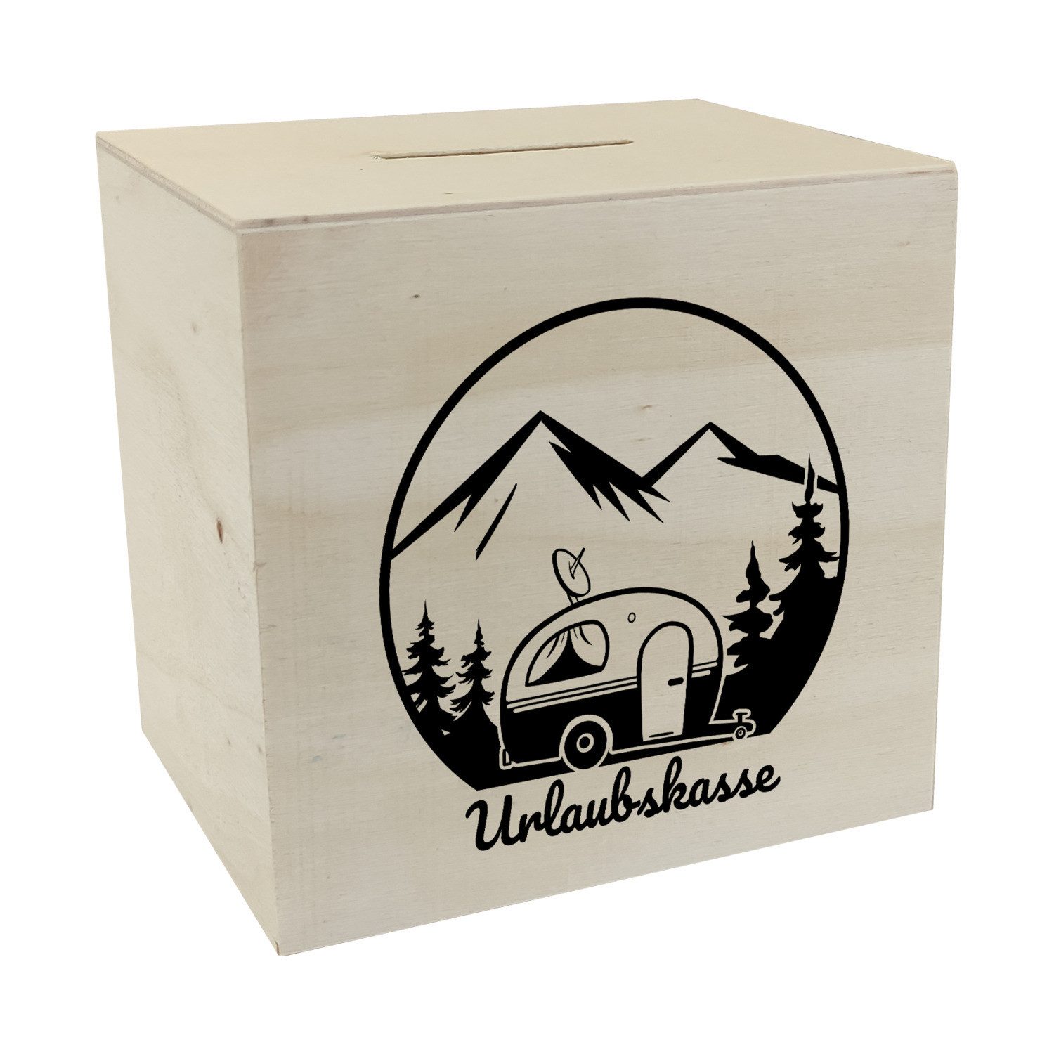 speecheese Spardose Urlaubskasse Spardose aus Holz in schwarz weiß mit Wohnwagen Camping
