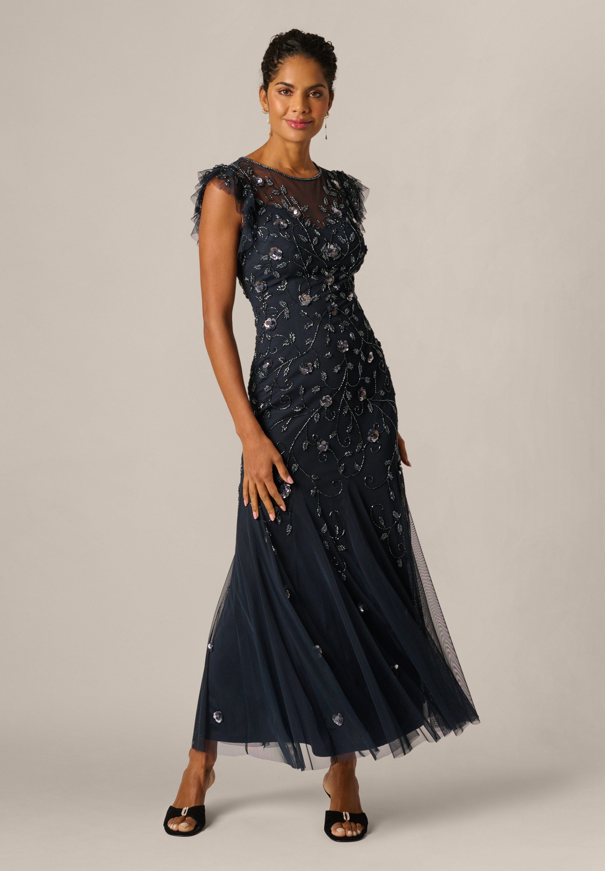 Adrianna Papell Abendkleid Petite Bead Mesh Godet Long Dress Hübsches, elegantes Meerjungfrauenkleid mit Perlenstickerei