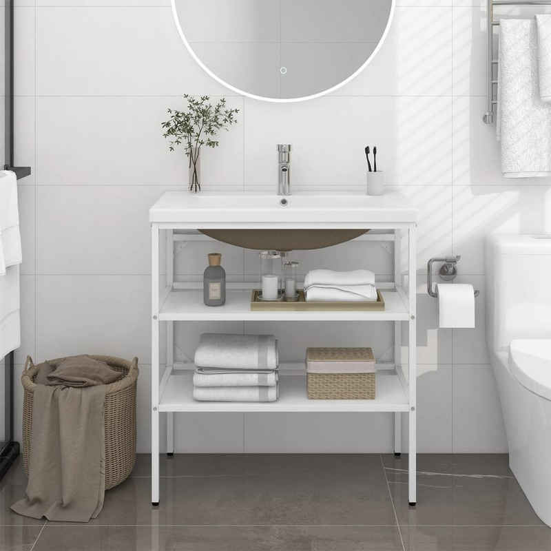 vidaXL Badezimmerspiegelschrank Badezimmer-Waschtischgestell mit Waschbecken Weiß Eisen (1-St)