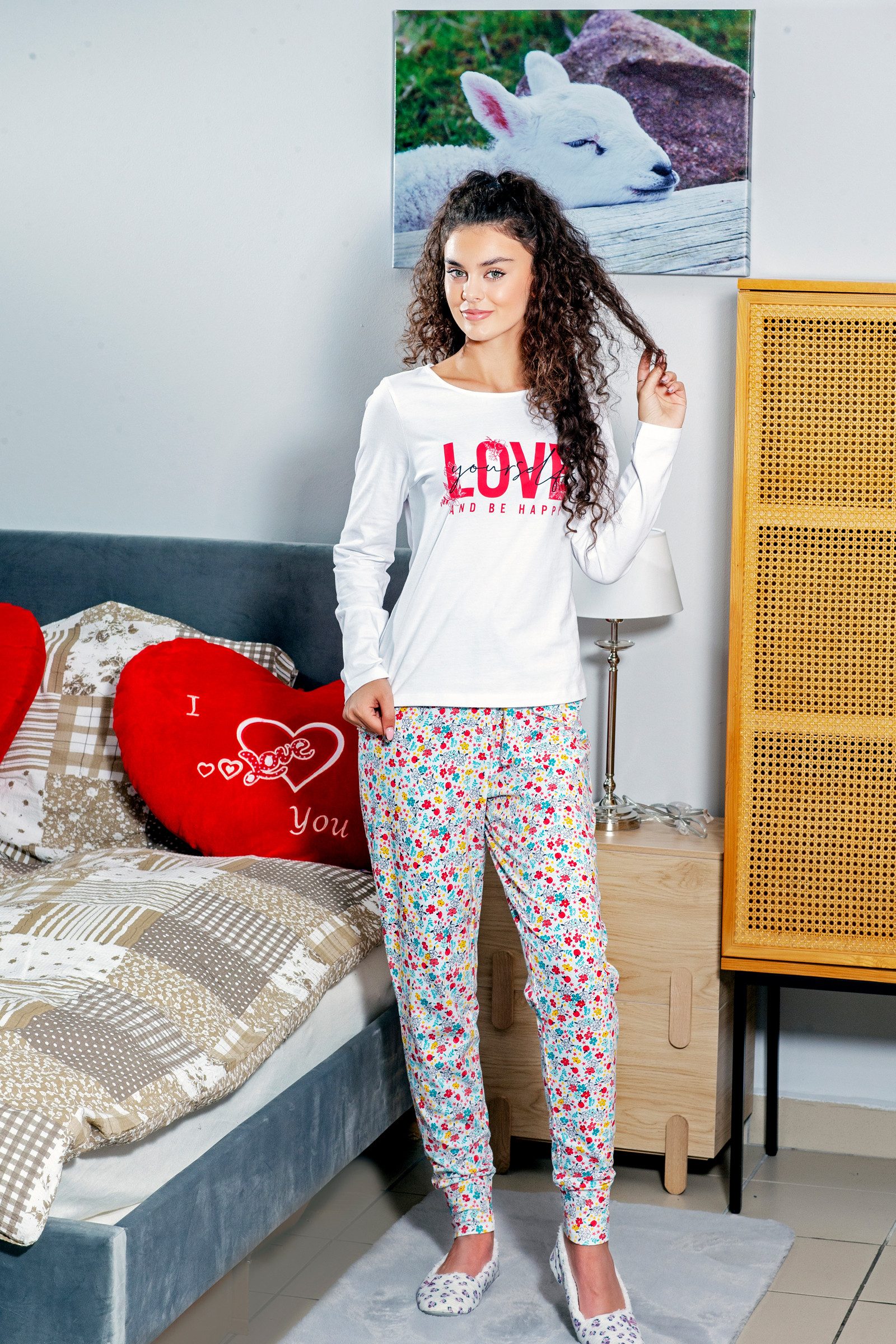 Era&Me Pyjama Damen Pyjama Set Schlafhose + Langarm Oberteil (Schlafanzug Schlafhose + Langarm Oberteil, 2 tlg., Schlafanzug Set) Hoher Baumwollanteil – Bild 5 von 5