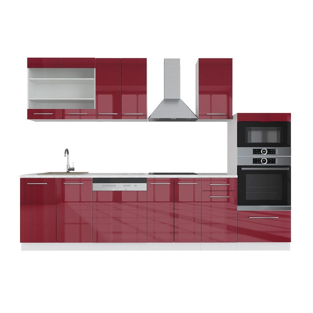 Vicco Küchenzeile Fame-Line Bordeaux Hochglanz/Weiß 300cm mit Hochschrank ohne AP