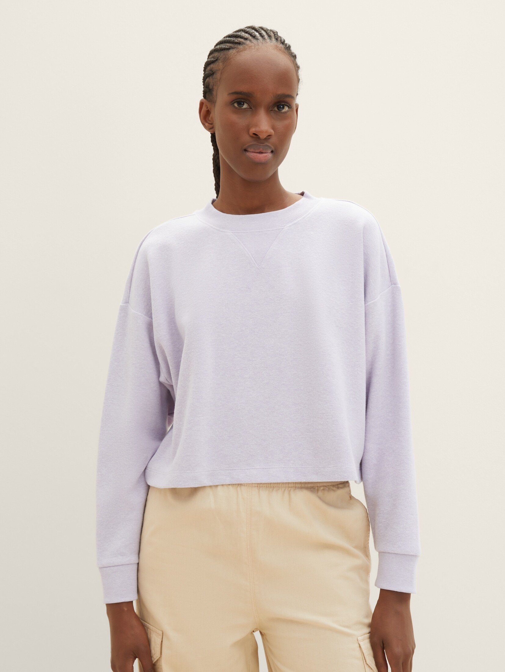 TOM TAILOR Denim Sweatshirt Cropped Sweatshirt mit Rundhalsausschnitt soft lavender melange