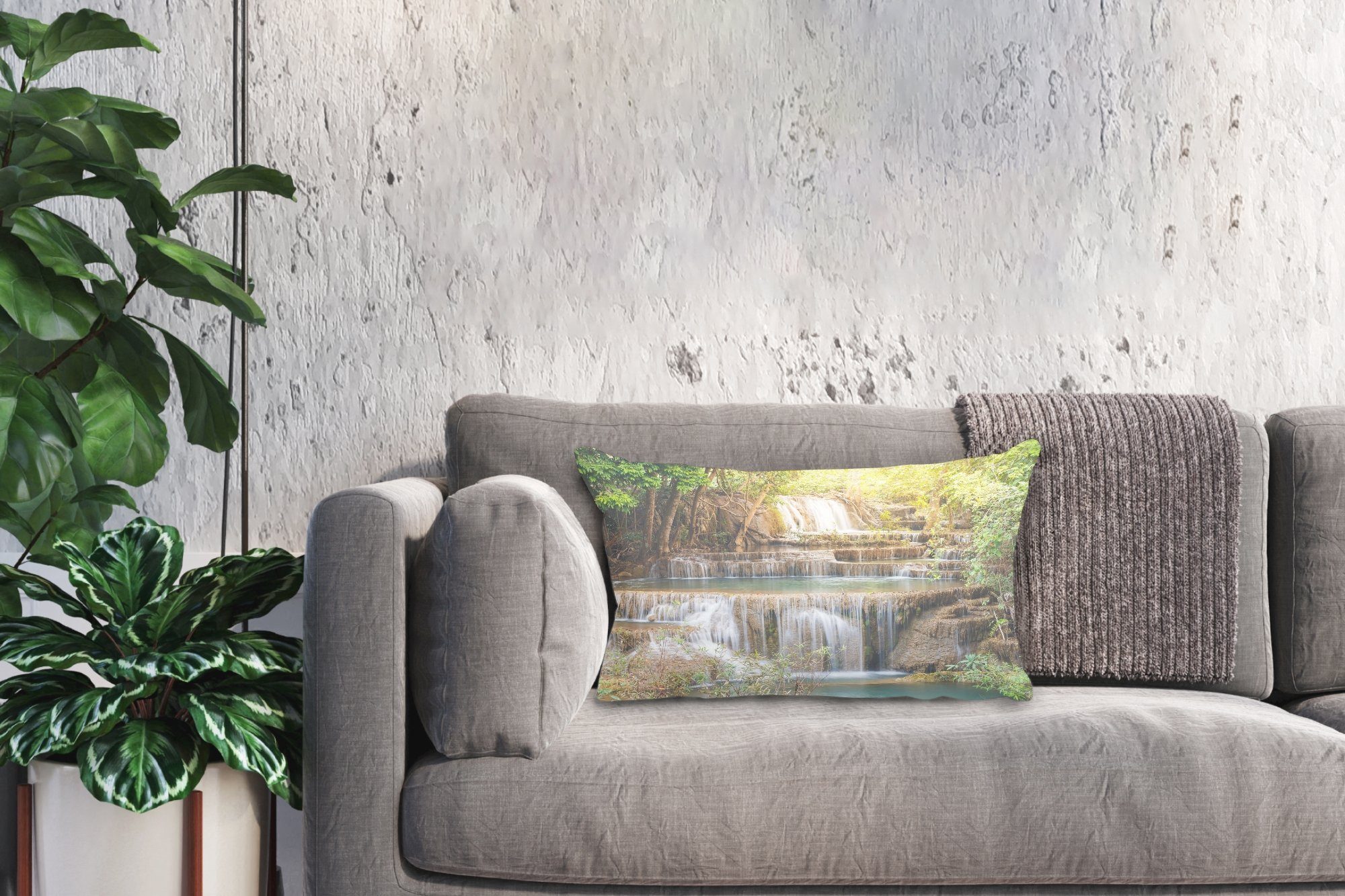 Schlafzimmer Füllung, MuchoWow Landschaft, Dekokissen Dekokissen - Wasserfall Sonne - Zierkissen, Wohzimmer Dekoration, mit