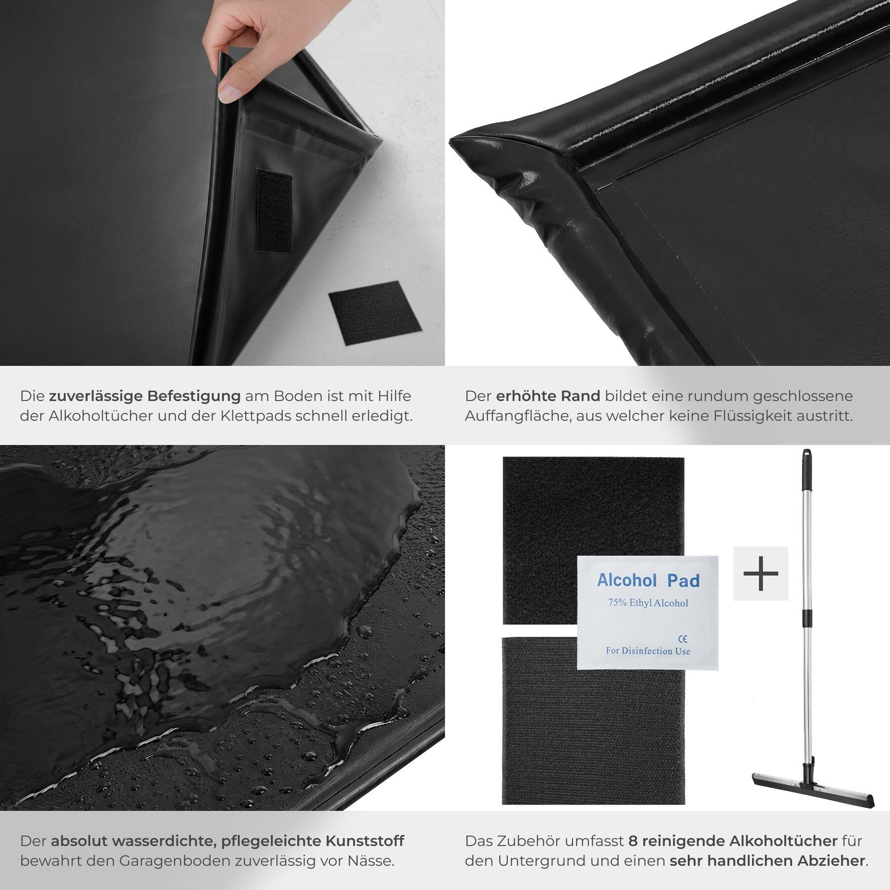 tectake Bodenschutzmatte Garagenbodenmatte mit Klettpads und Alkoholtüchern, 2,4 x 5,5 m, Gummibodenmatte, in schwarz, rutschfest und wasserdicht, erhöhter Rand – Bild 5 von 5
