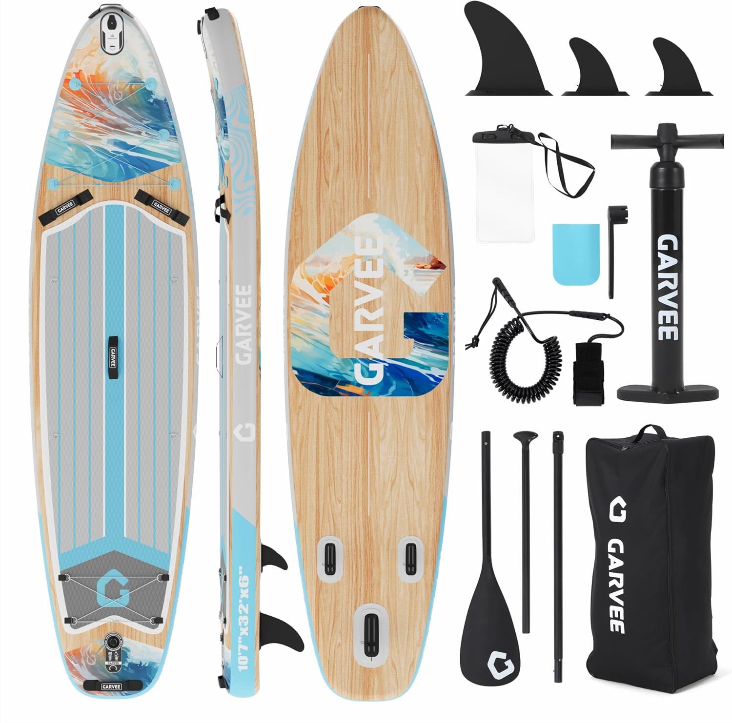 GarveeMore SUP-Board set,Stand Up Paddling Board Aufblasbar,Mit Universal Kamerahalterung, Komplettes Zubehör, Verstellbares Paddel, Anfänger, Fortgeschrittene