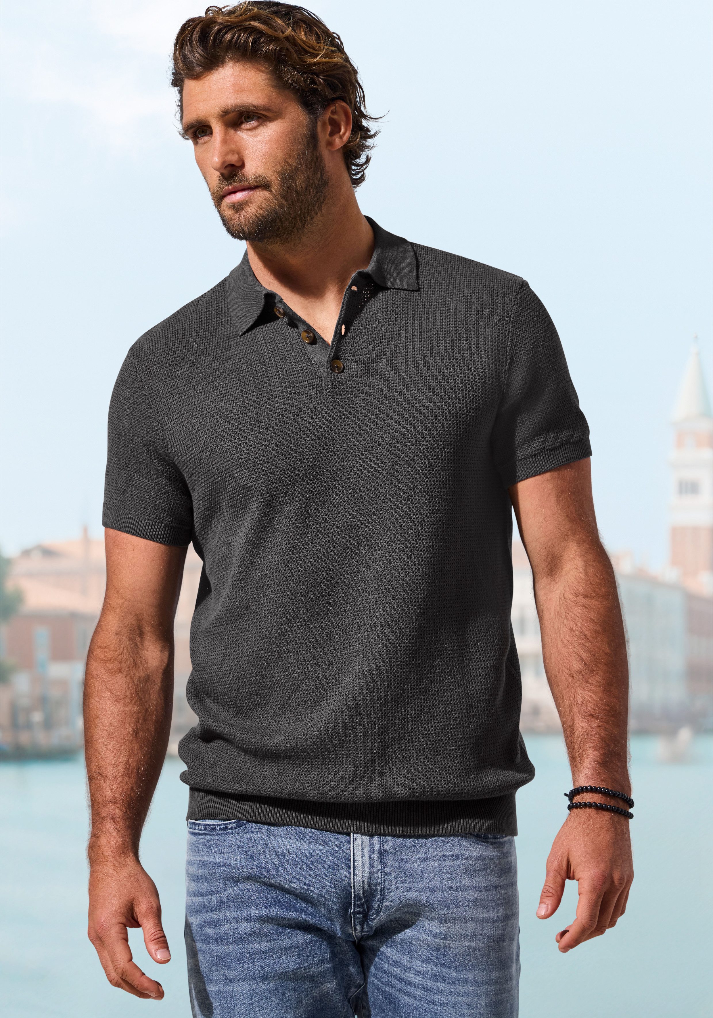 John Devin Poloshirt - Strick Poloshirt, Regular fit mit Polokragen und kleiner Knopfleiste