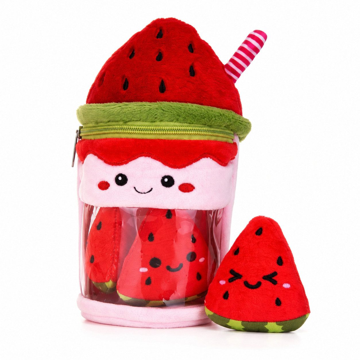 Dinotoys Kuscheltier Wassermelonen-Milchshake 23 cm mit 3 Minis zum Spielen, Sammeln Foodie (Set, 1-St., Geschenk-Set), Kawaii Plüsch Food Spiel Set mit Mini-Plüschtieren, süße Geschenkidee