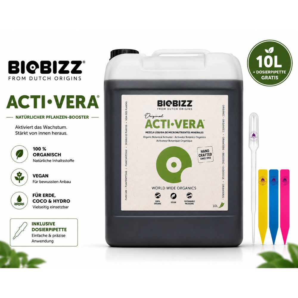 Biobizz Pflanzendünger Biobizz Acti·Vera, Inklusive Dosierpipette und 3 Pflanzenschildern (Farbe zufällig), Pflanzentonikum, natürliche Basis, für große Pflanzenanlagen