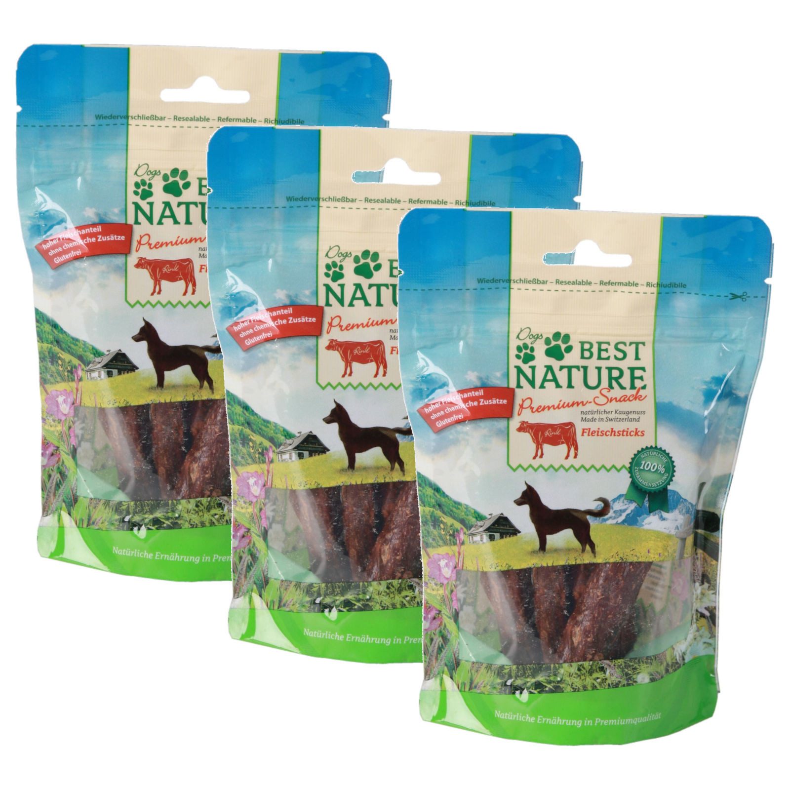Best Nature Premium Snack für Hunde, 3x 100g, Rindfleischsticks, 300g