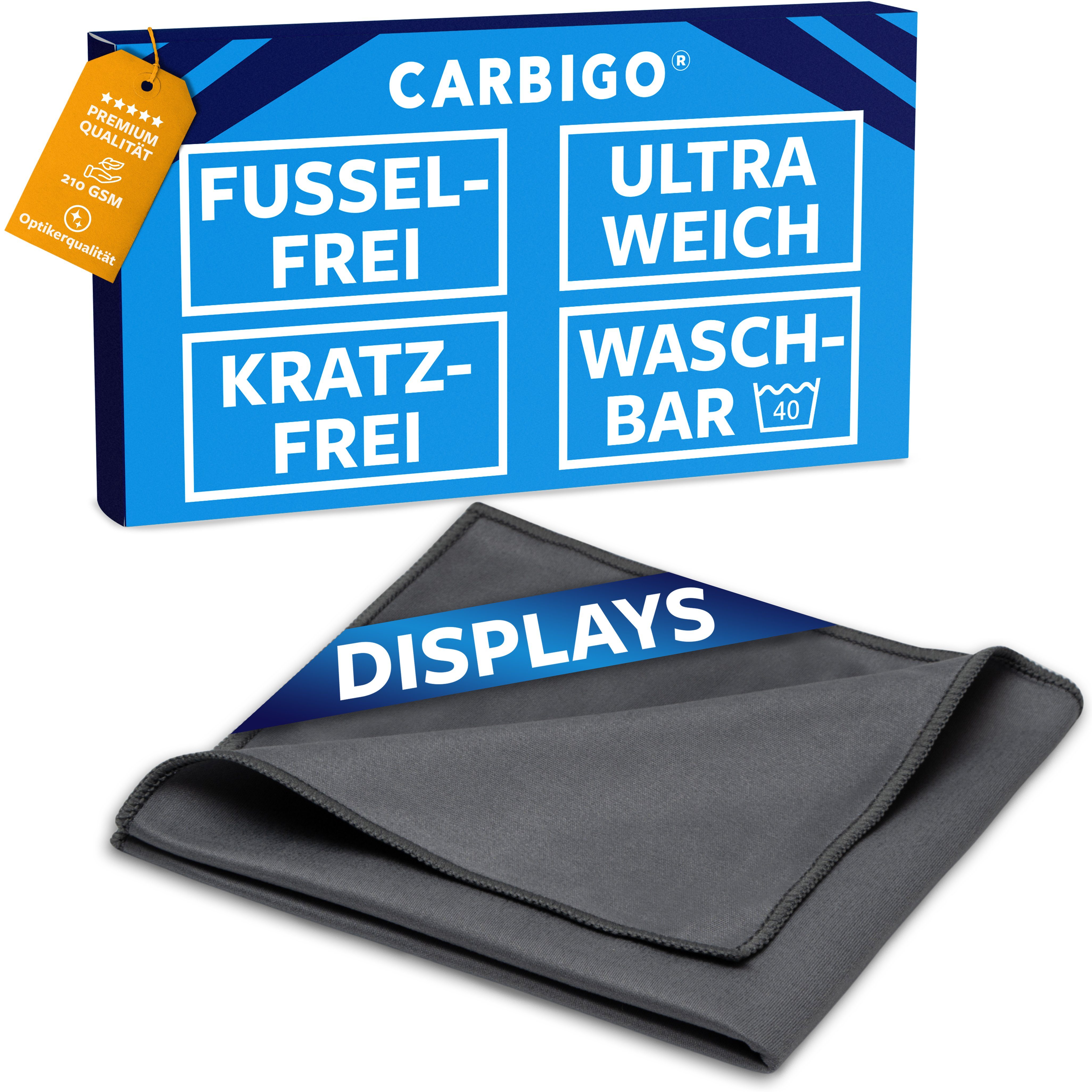 CARBIGO Microfasertücher Display, Reinigungstuch 210 GSM Mikrofasertuch (15x15 cm, 5-tlg., Streifenfreie Reinigung Brillen, Kamera, Handydisplay, Tablet)