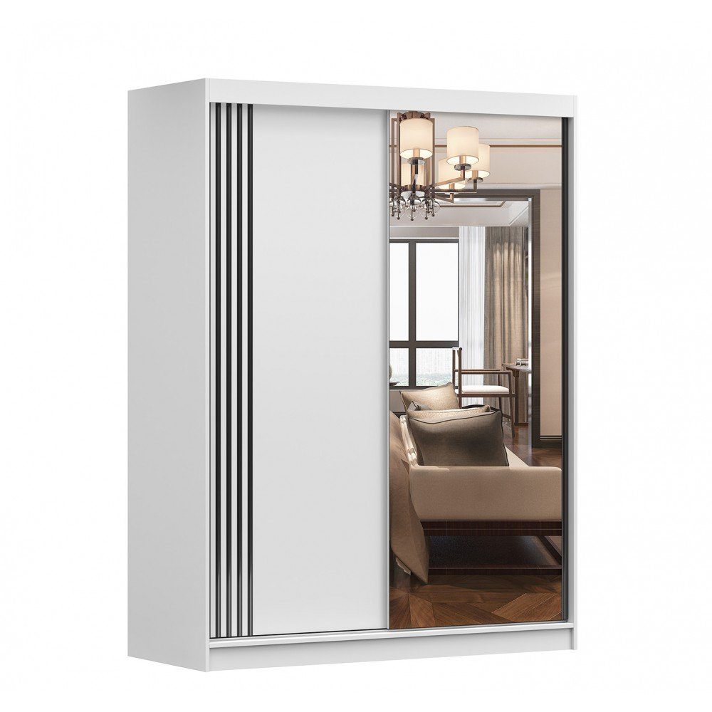MOEBLO Kleiderschrank LARA 07 (mit Spiegel Schwebetürenschrank 2-türig Schrank mit vielen Einlegeböden und Kleiderstange, Gaderobe Schiebtüren Schlafzimmer-Wohnzimmerschrank Modern Design), (BxHxT): 150x200x61 cm Weiß