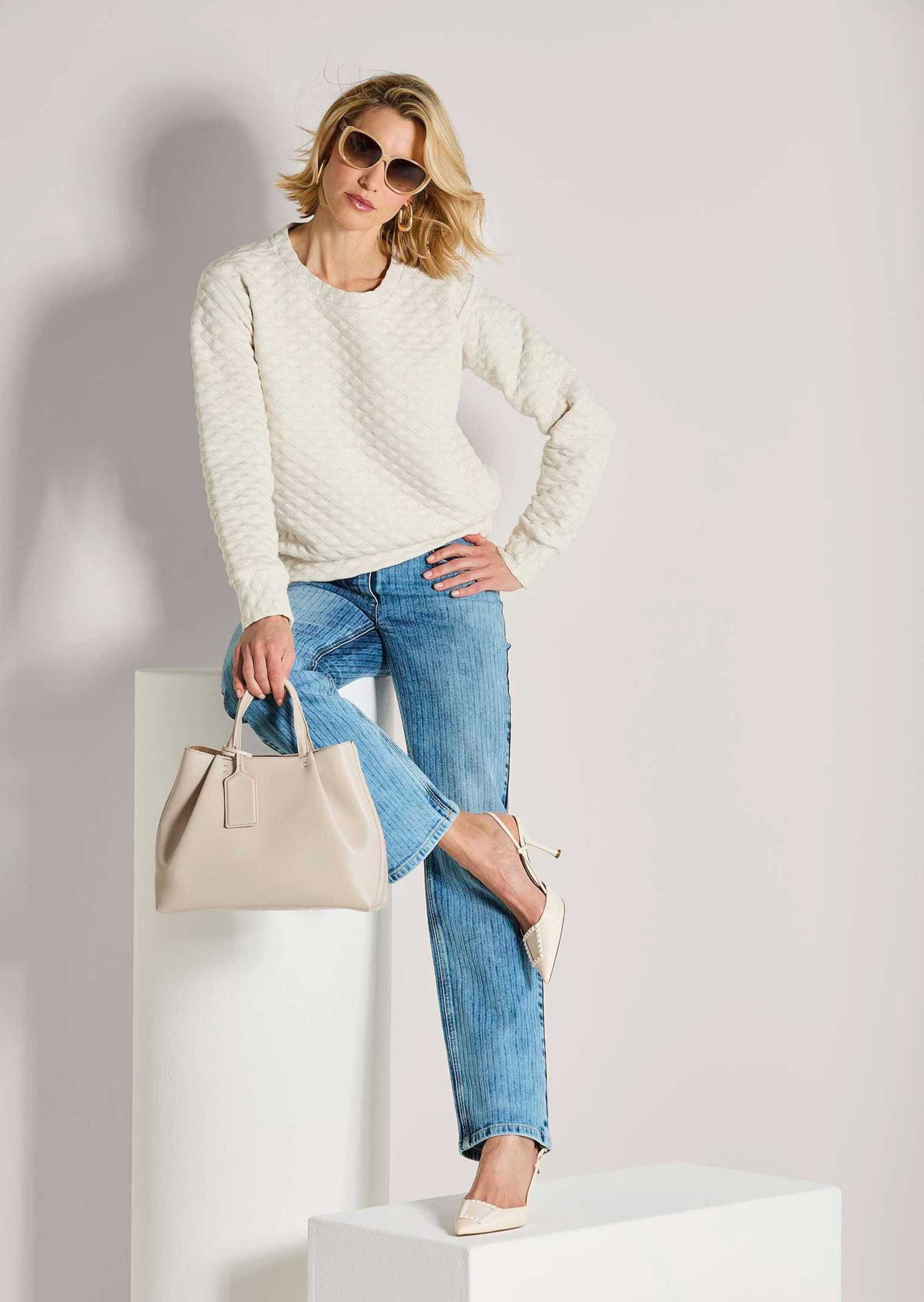 MADELEINE Langarmshirt Struktursweater mit Rundhalsausschnitt Blouson-Optik mit breitem Saumbund, Langarm