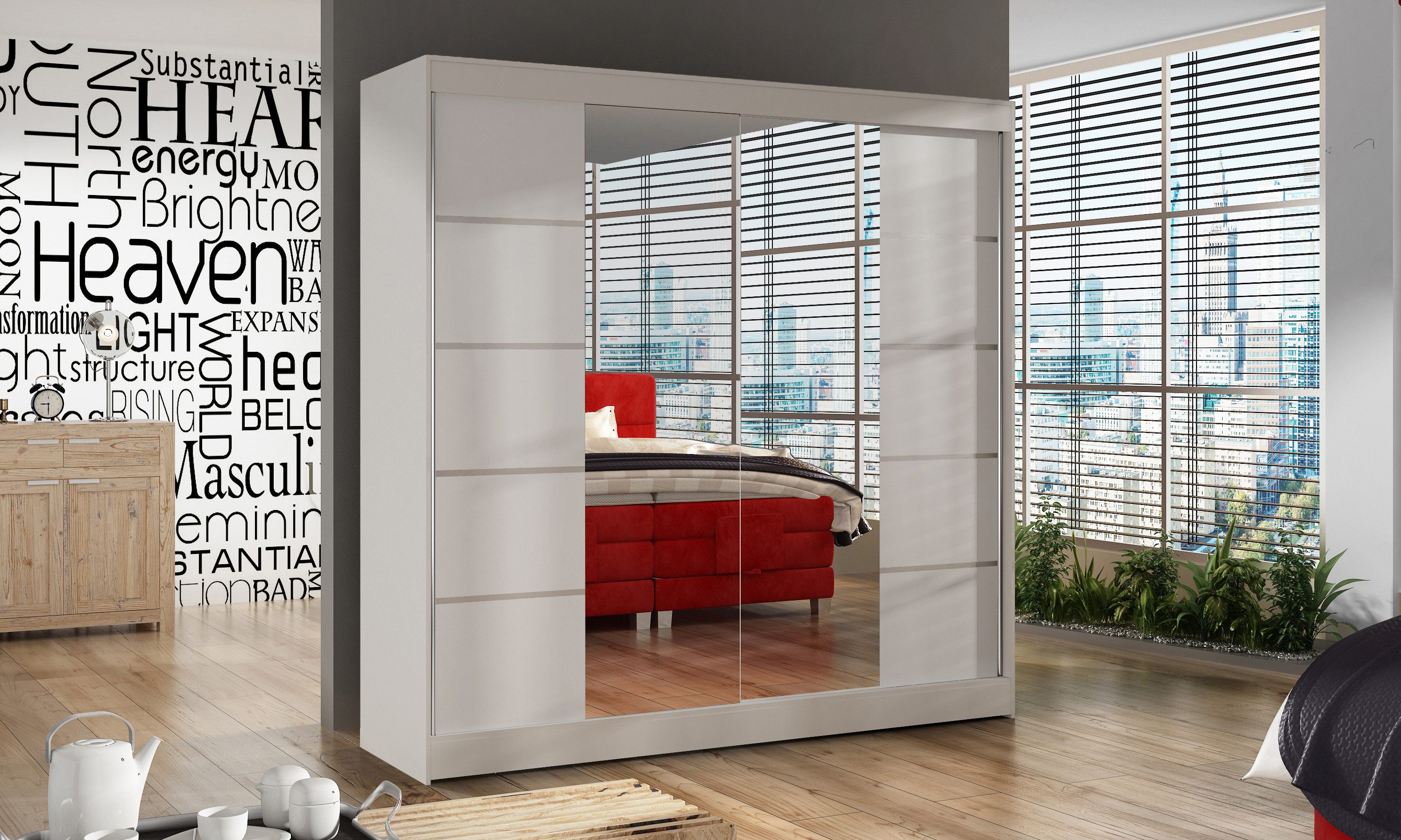 Sofnet Kleiderschrank Basti V (mit Spiegel, Schiebetüren und Kleiderstange) Schwebetürenschrank mit 2 Türen, Schiebetürenschrank - 200x215x58 cm