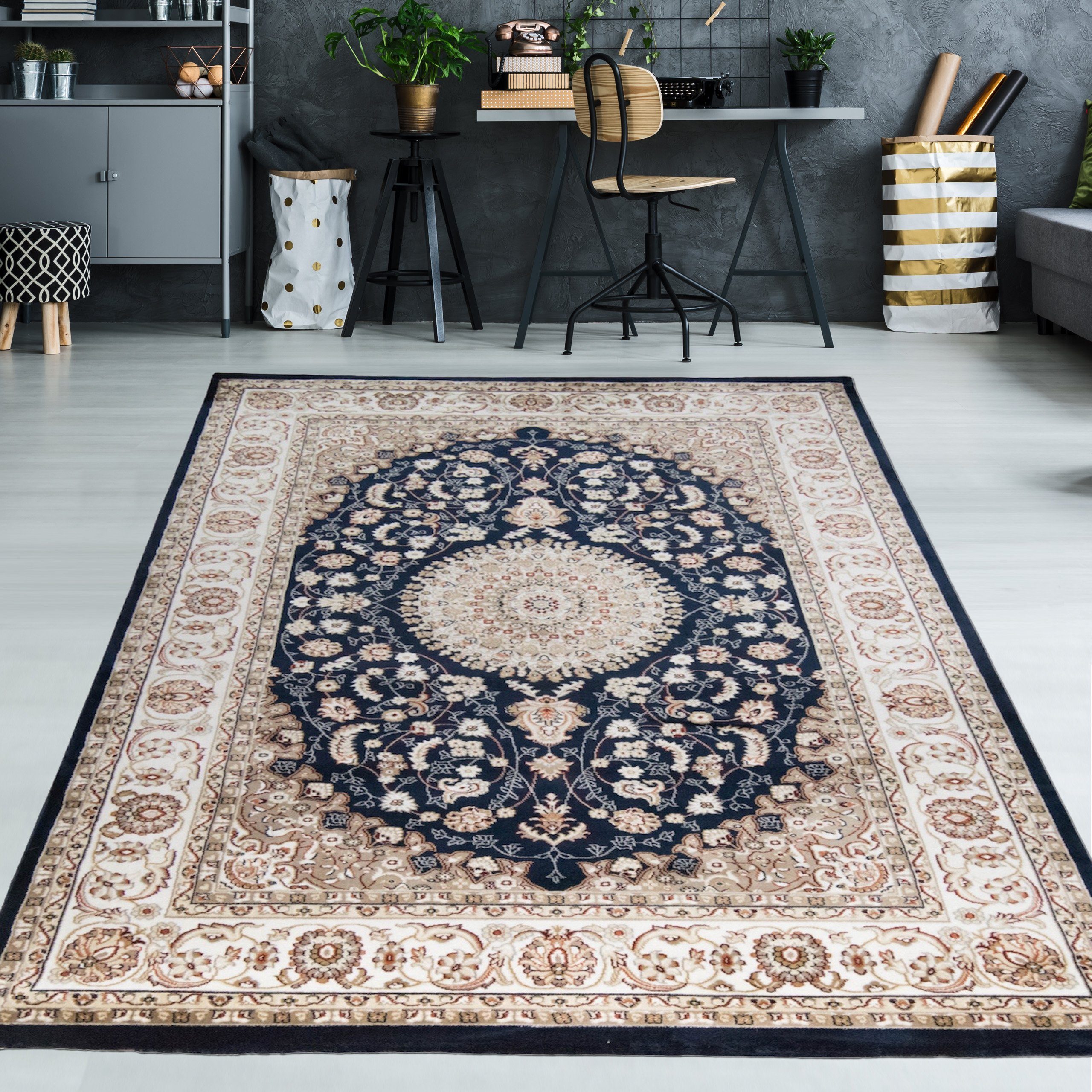 TeppichHome24 Teppich Teppich mit Ornamente in Creme Blau, rechteckig, Höhe: 15 mm