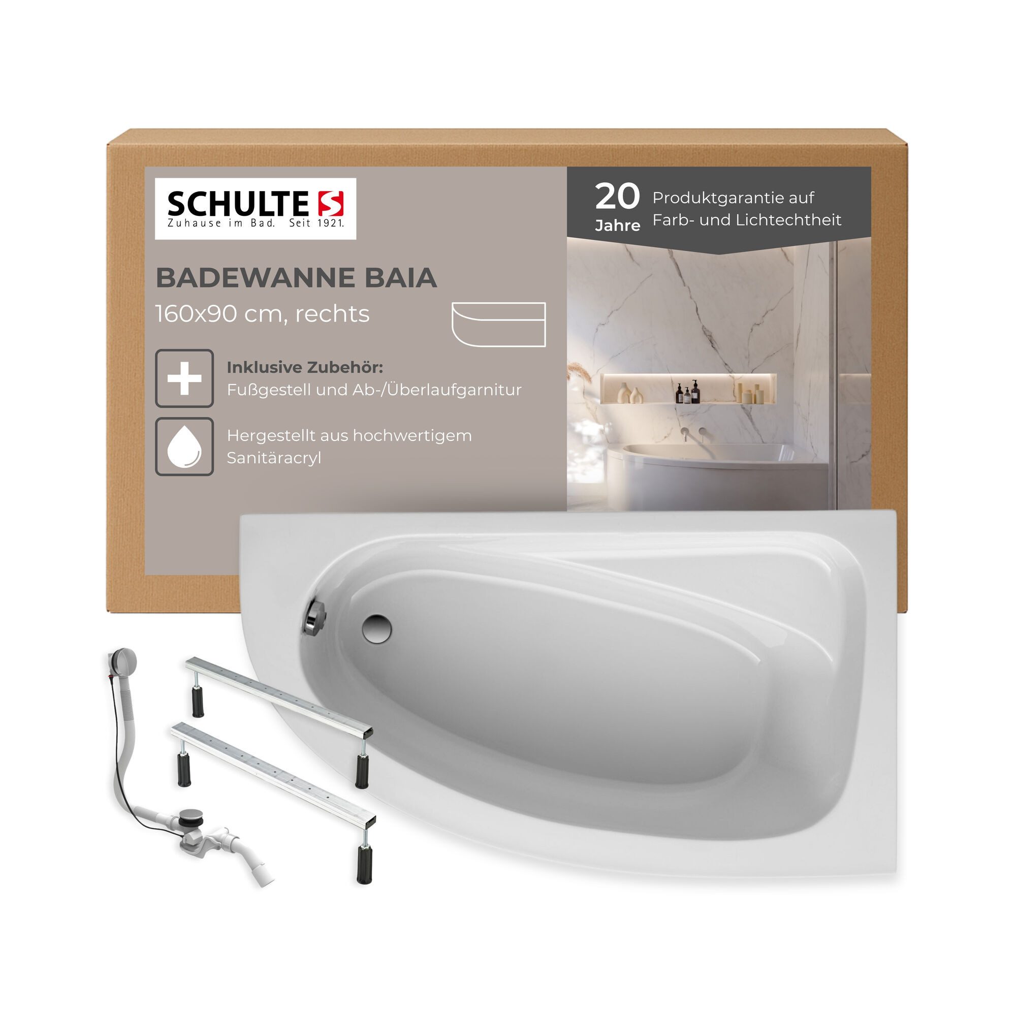 Schulte Badewanne Baia, asymmetrische Form, Sanitäracryl, Weiß, (Komplett-Set, inkl. Fußgestell und Ablauf), Version rechts, 160x90 cm