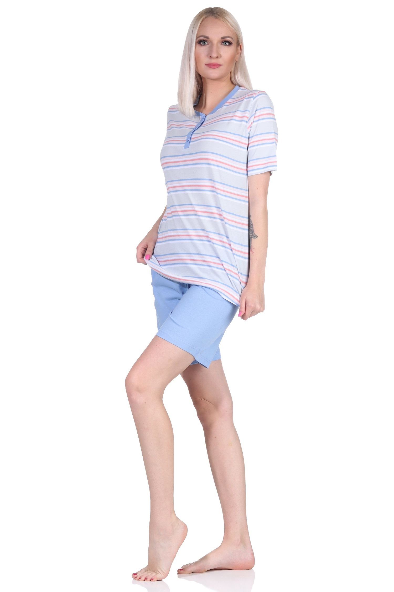 kurzarm Pyjama Schlafanzug in pastellfarbenen Streifen Normann Shorty hellblau Damen Pyjama