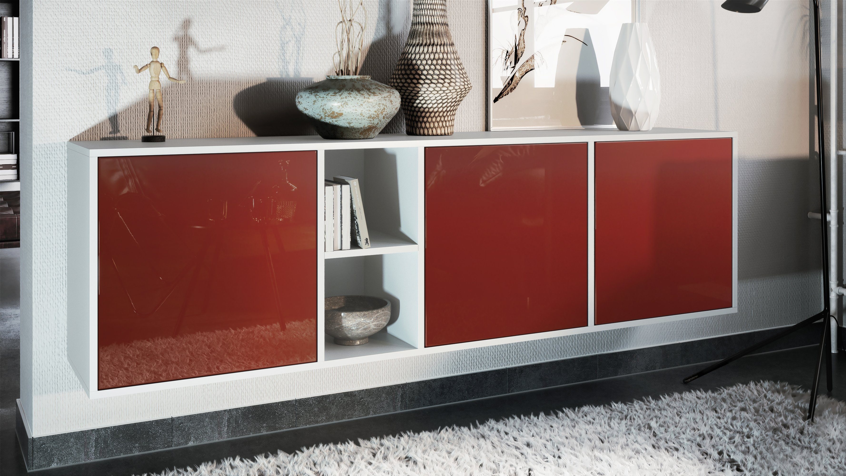Vladon Sideboard Cuba (Kommode, mit 3 Türen und 2 offene Fächer), Weiß matt/Bordeaux Hochglanz (182 x 53 x 35 cm)