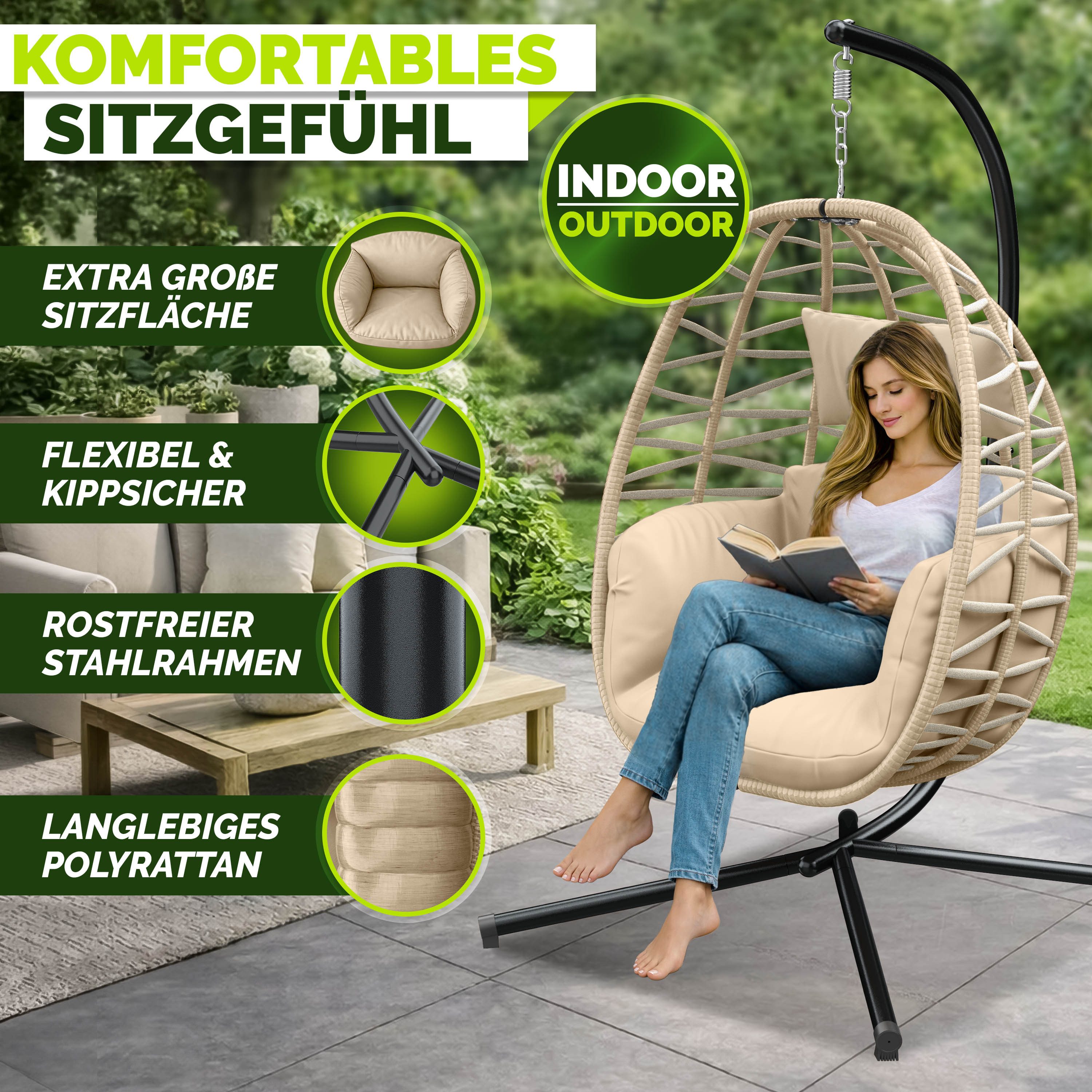 tillvex Hängesessel tillvex® Swivo Hängesessel mit Gestell inkl. wetterfester Abdeckung (Hängekorb klappbar bis 150 kg, Hängesitz aus Rattan, Hängestuhl für Indoor Garten Balkon Terrasse), mit Gestell Outdoor & wetterfester Abdeckung mit Befestigung