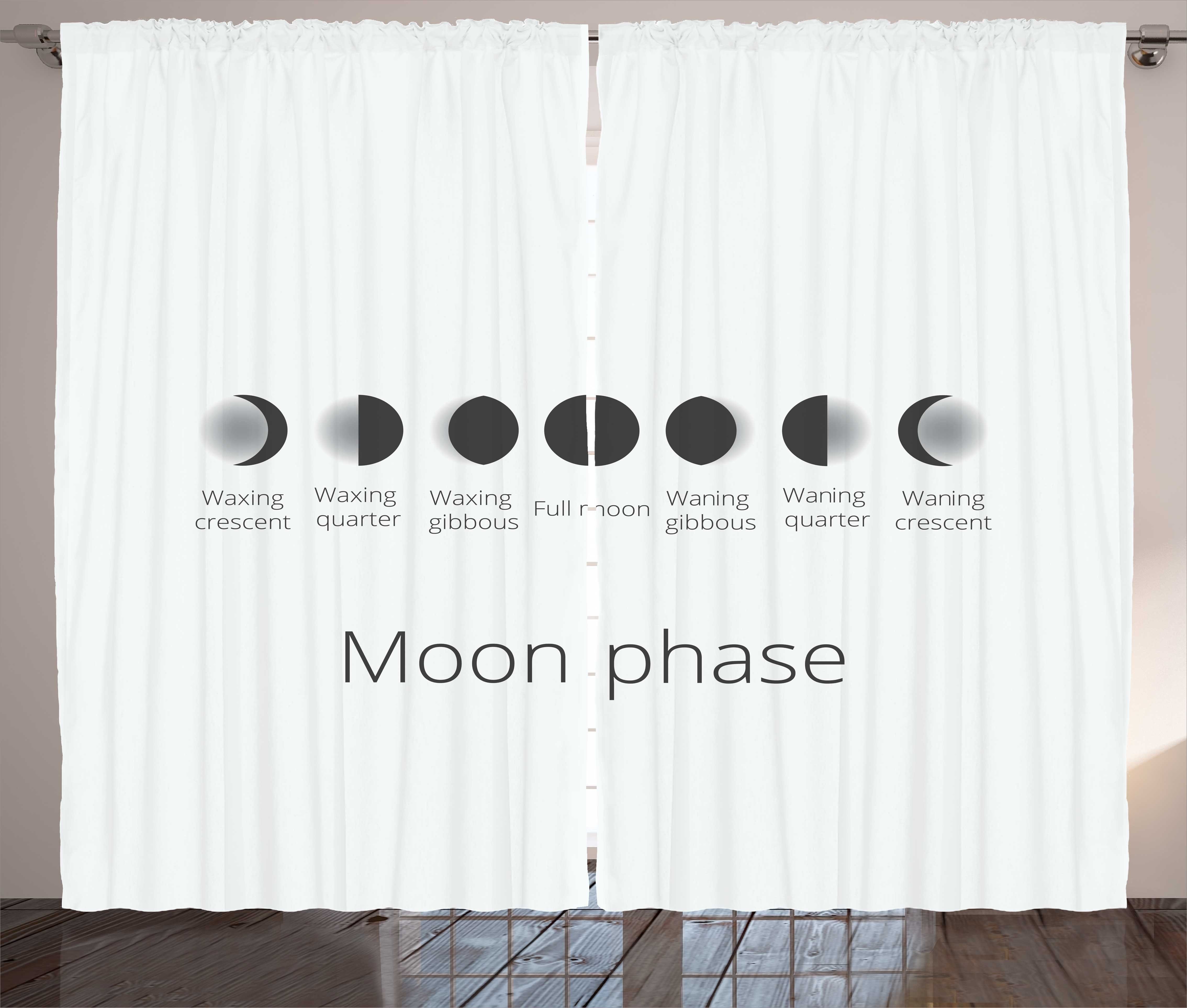 Phase Infografik mit Schlaufen Schlafzimmer Kräuselband Vorhang und Haken, Mond Astronomie Gardine Abakuhaus,