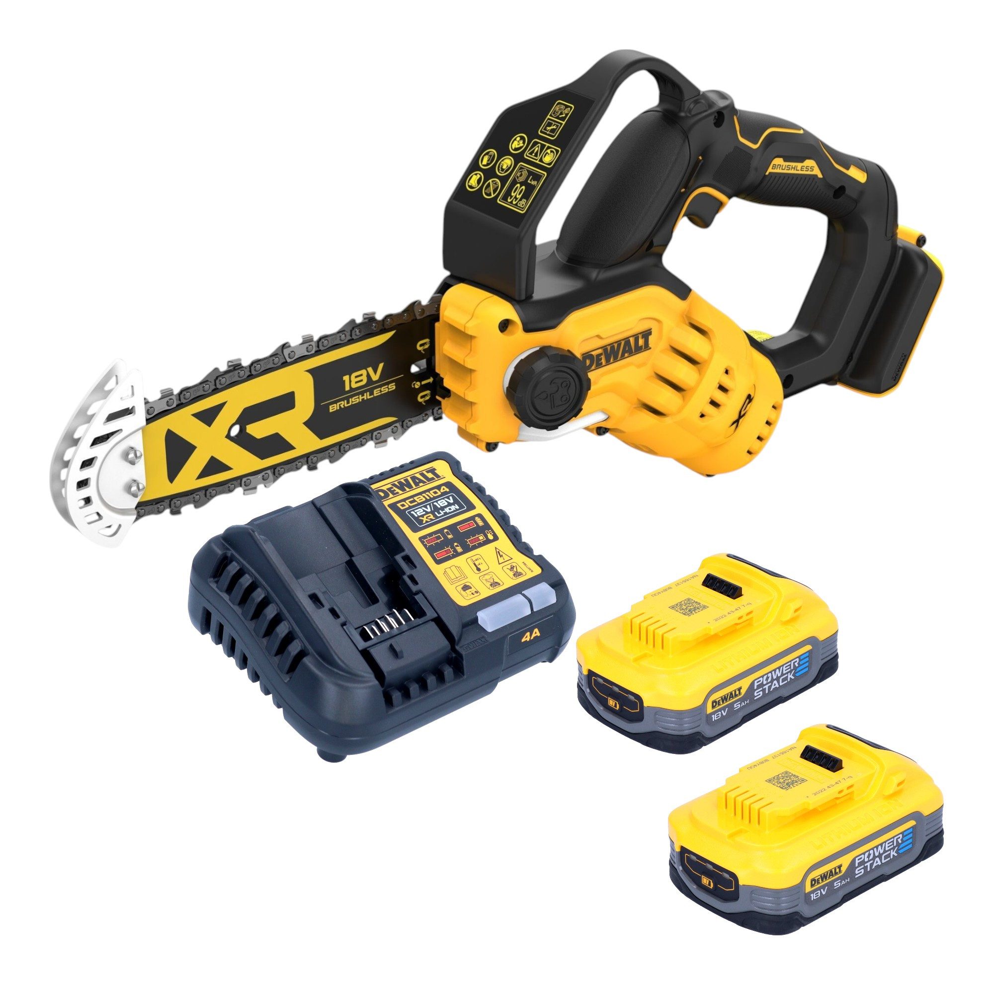 DeWalt Benzin-Kettensäge DCMPS 520 H2 18 V 20 cm + 2x Powerstack Akku 5,0 Ah + Ladegerät