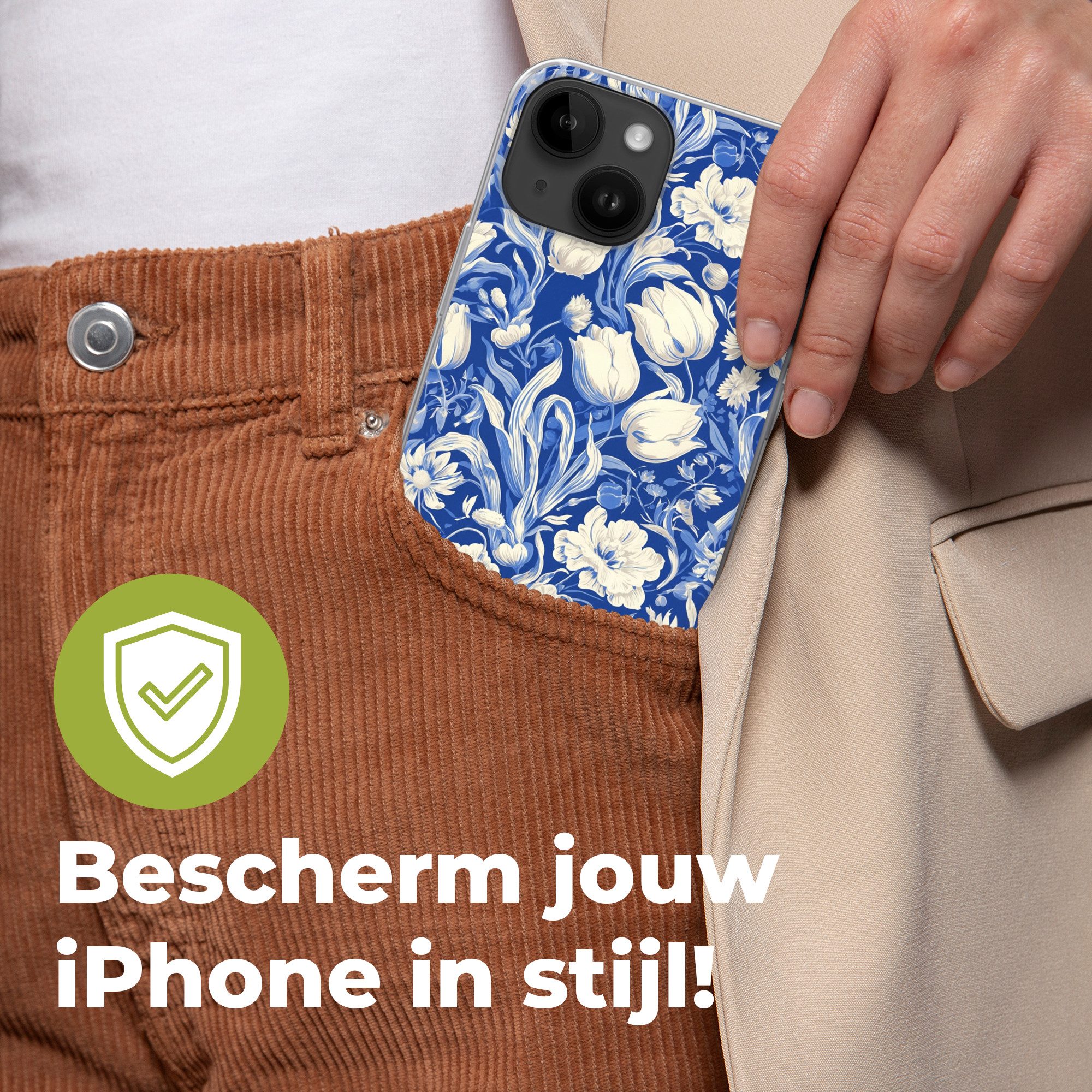 MuchoWow Handyhülle für Apple iPhone 14 Blumen - Delfter Blau - Muster - Tulpe, Smartphone-Bumper, Print, Handy Schutzhülle Dünn