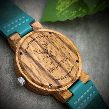 Holzwerk Quarzuhr ELSTER kleine Damen Epoxidharz Leder & Holz Uhr, türkis blau & braun