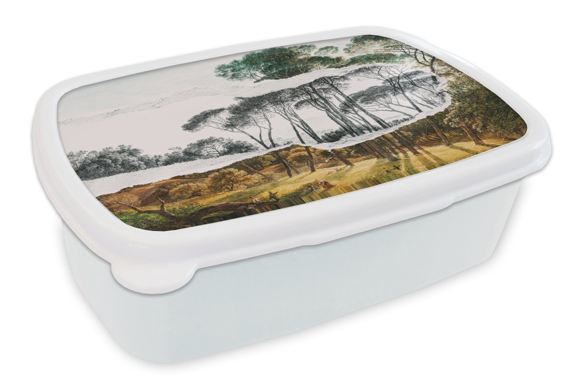 MuchoWow Lunchbox Italienische Landschaft Schirmkiefern - Kunst - Hendrik Voogd -, Kunststoff, (2-tlg), Brotbox für Kinder und Erwachsene, Brotdose, für Jungs und Mädchen weiß