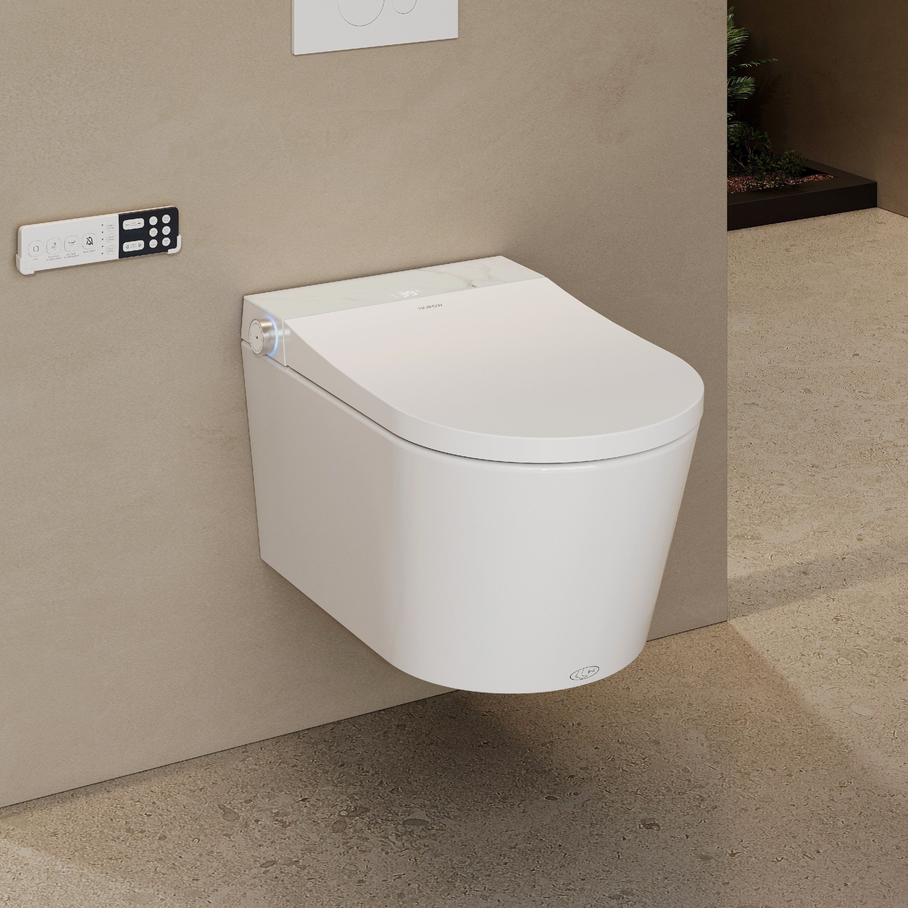 HOROW Dusch-WC Intelligentes Hänge WC mit Bidet Funktion und Sitzheizung Pro, Wandmontage, Abgang waagerecht, Japanische spülrandlos WC mit Warmwasser, Beheizter Sitz, Instellbarem Wasserdruck, Warme Lufttrocknung, Damenpflege