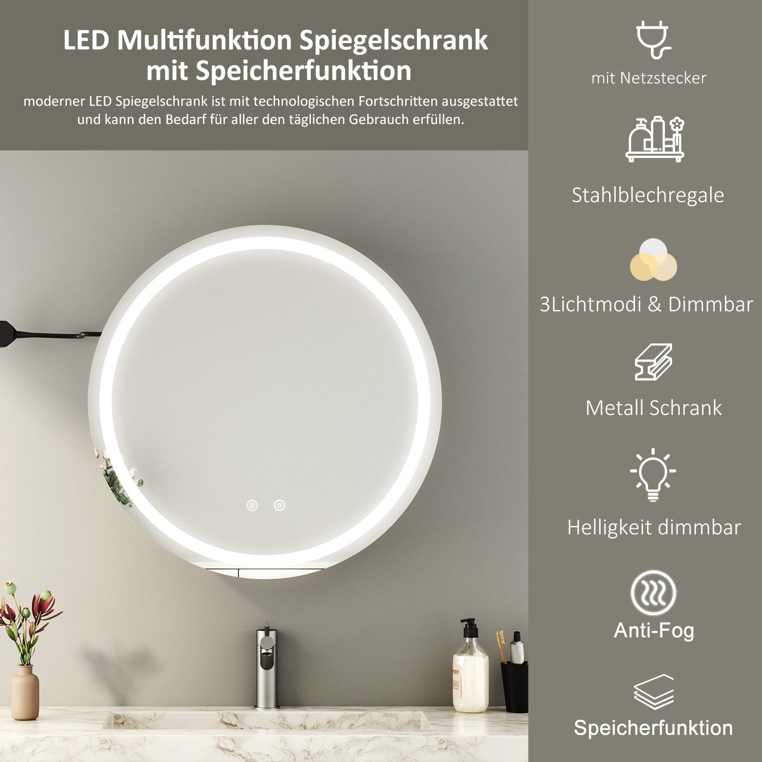 WDWRITTI Spiegelschrank Bad mit Beleuchtung Badezimmerspiegelschrank mit LED ∅80cm, ∅60cm (Wandschrank Badezimmer Rund 60x60cm 80x80cm, 3Lichtfarben, Dimmbar, Anti-fog, Speicherfunktion) Metall Schrank, Stahlblechregale, mit Netzadapter, IP44
